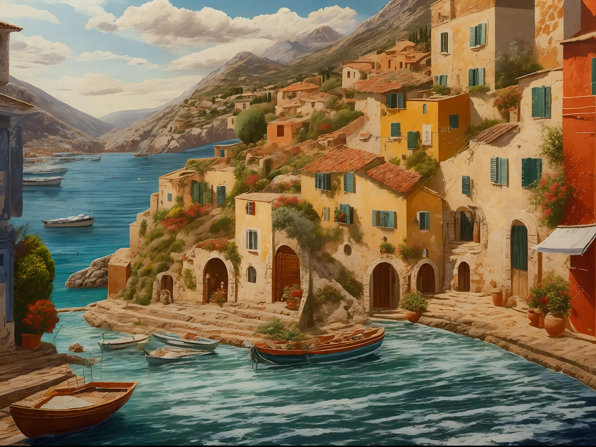 painting of a boat in a harbor with a mountain in the background, in a mediterranean lanscape, mediterranean vista, inspired by Guido Borelli da Caluso, added detail, detailed 4 k oil painting, mediterranean fisher village, mediterranean landscape, in the style of an oil painting, inspired by Henri Biva, italian mediterranean city, oil on canvas 8 k