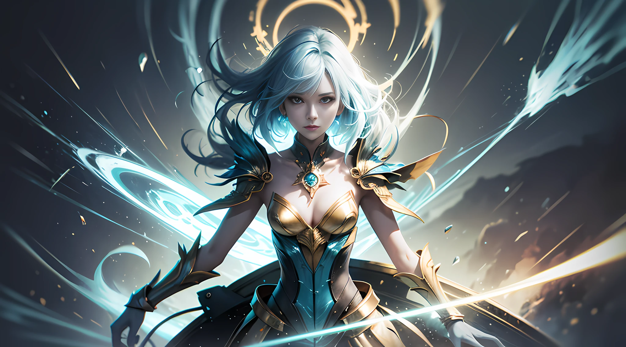 digital analysis, anime style, woman, tall, slender, elemental mage engulfed in blue flames and yellow lightning, color chaos, gold and ice tones, depth of field, beautiful, highly detailed, surreal, cinematic lighting, clear, spatial background, cinematic lighting soft, (backlight: 1.2), (blossom: 1.2), (bright light: 1.1), (chromatic aberration: 1.2), sharp focus, high contrast , masterpiece, realistic, full body
