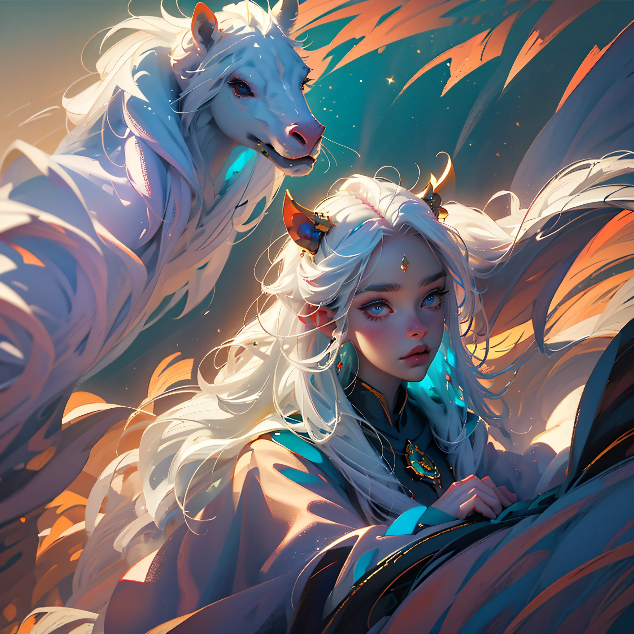 (masterpiece):1.5, 1 female, white-haired woman, crown, white robe, horse + grass: 1.2, backlit onyx background: 1.4, aerial angle + foreground close-up, sunset shot, anthropomorphic style: 1.2, static scene, night effect, comic style filter. --auto --s2