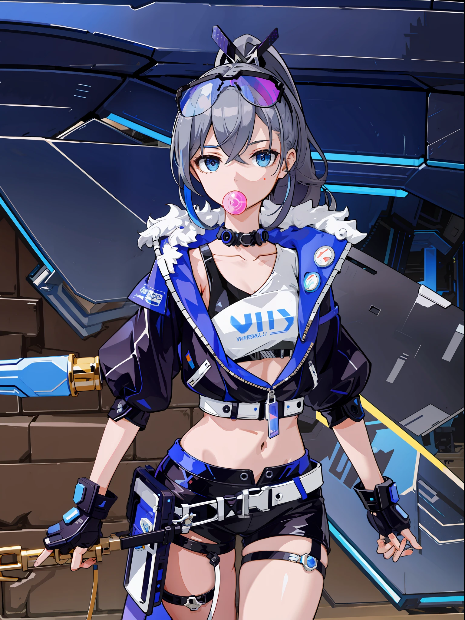 ((masterpiece)), super high quality, curly high ponytail girl, gray hair, cyberpunk style, blowing bubble candy, dressed in cyberpunk street style clothing. The whole painting is full of science and technology culture, the face is grim, exuding a glacier-like aura, petite figure, dynamic posture, golden section, lens highlights focus, large aperture, side light effect, white background, clear details, bright tones, very impactful picture, clear brushes, full of details, vivid eyes, light and shadow tracking