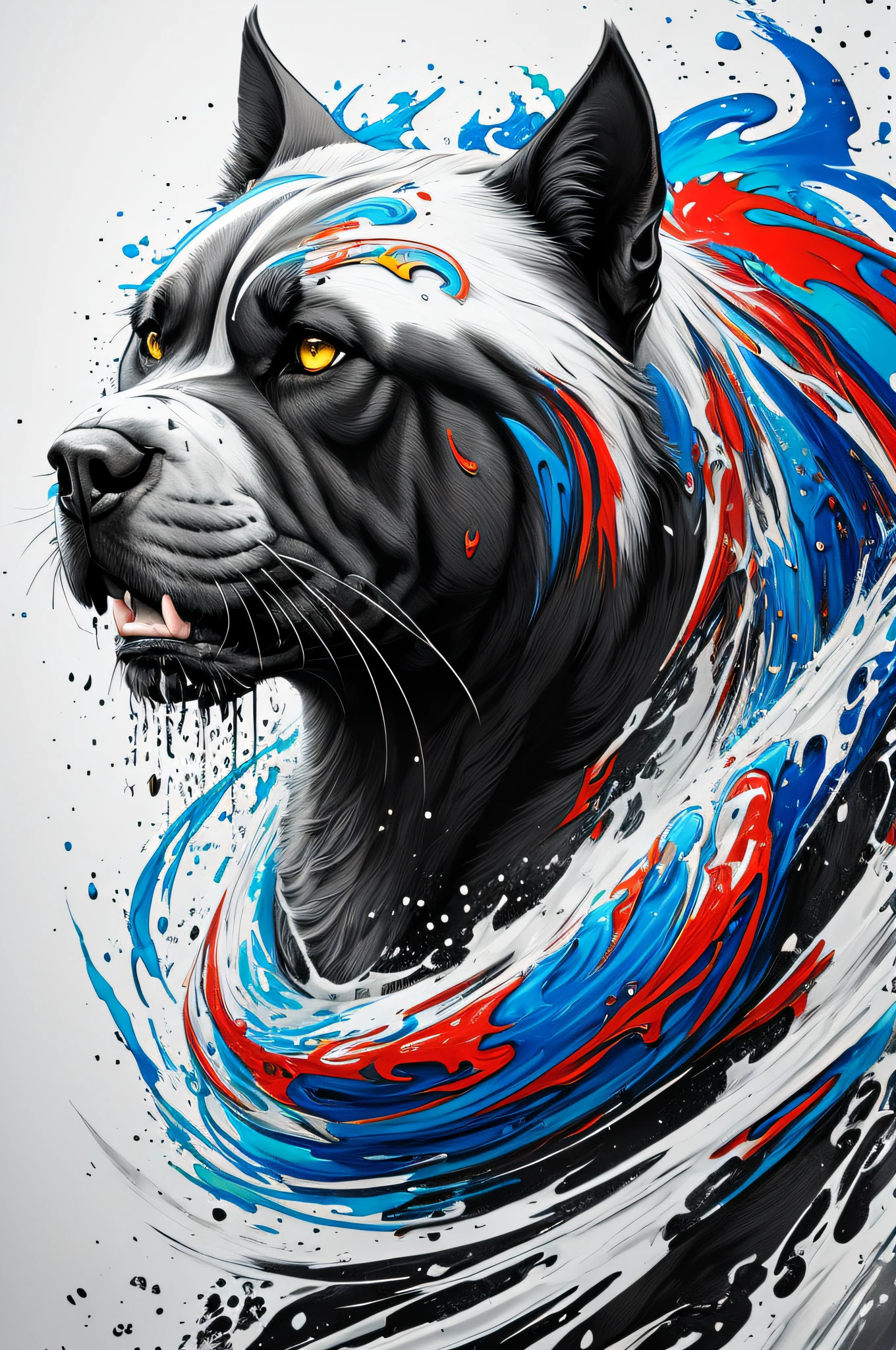 Splash art, a Cane Corso head, ((white background)), roaring, epic Instagram, artstation, splash style of colorful paint, contour, hyperdetailed intricately detailed , unreal engine, fantastical, intricate detail, splash screen, complementary colors, fantasy concept art, 8k resolution, deviantart masterpiece, oil painting, heavy strokes, paint dripping, splash arts