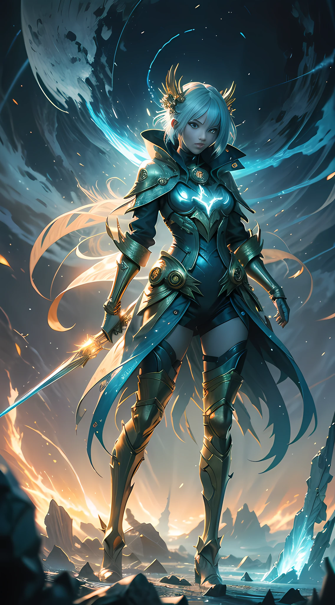 digital analysis, anime style, woman, tall, slender, elemental mage engulfed in blue flames and yellow lightning, color chaos, gold and ice tones, depth of field, beautiful, highly detailed, surreal, cinematic lighting, clear, spatial background, cinematic lighting soft, (backlight: 1.2), (blossom: 1.2), (bright light: 1.1), (chromatic aberration: 1.2), sharp focus, high contrast , masterpiece, realistic, full body