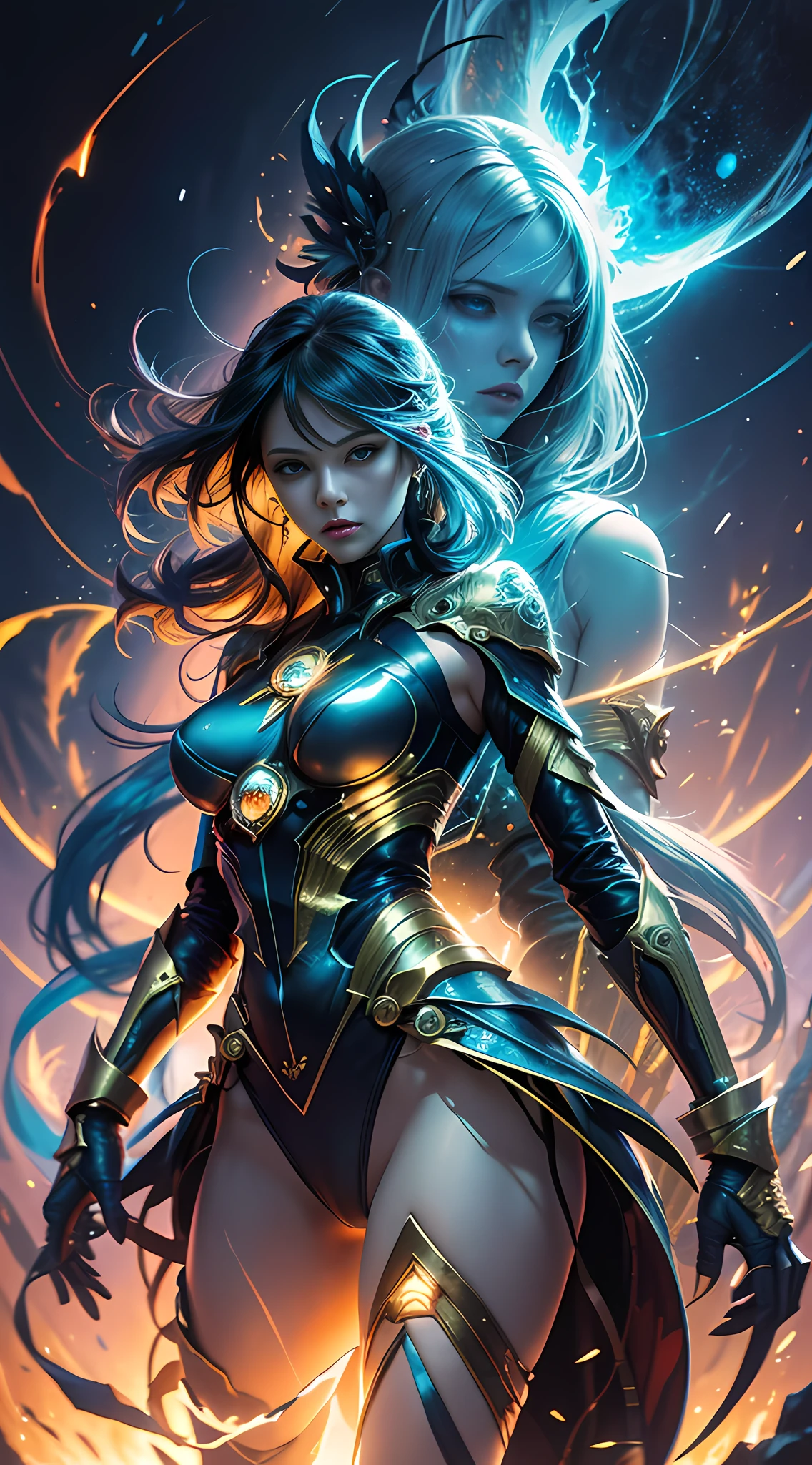 digital analysis, anime style, woman, tall, slender, elemental mage engulfed in blue flames and yellow lightning, color chaos, gold and ice tones, depth of field, beautiful, highly detailed, surreal, cinematic lighting, clear, spatial background, cinematic lighting soft, (backlight: 1.2), (blossom: 1.2), (bright light: 1.1), (chromatic aberration: 1.2), sharp focus, high contrast , masterpiece, realistic, full body