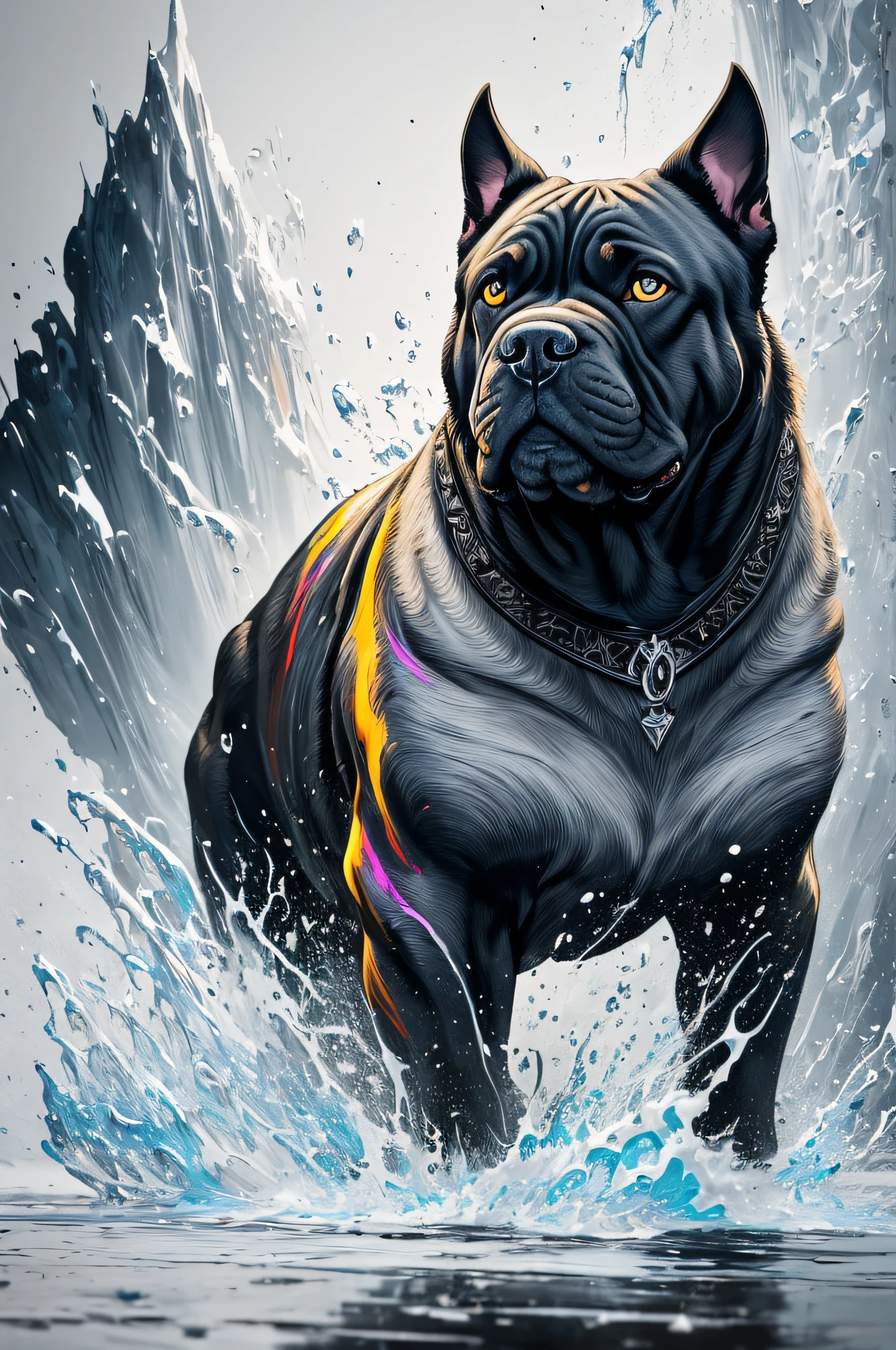 Splash art, a Cane Corso puppy head, ((white background)), roaring, epic Instagram, artstation, splash style of colorful paint, contour, hyperdetailed intricately detailed , unreal engine, fantastical, intricate detail, splash screen, complementary colors, fantasy concept art, 8k resolution, deviantart masterpiece, oil painting, heavy strokes, paint dripping, splash arts