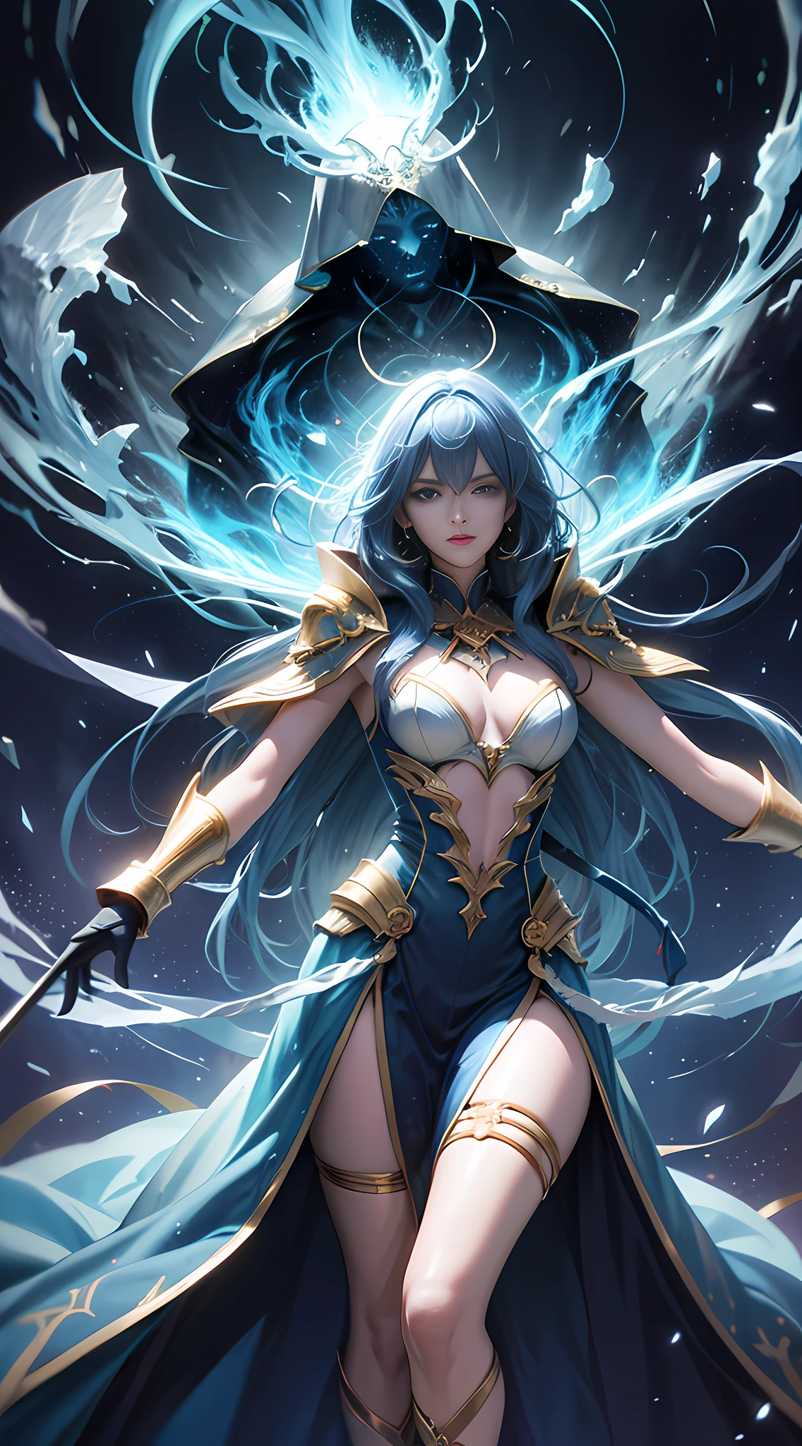digital analysis, anime style, woman, tall, slender, elemental mage engulfed in blue flames and yellow lightning, color chaos, gold and ice tones, depth of field, beautiful, highly detailed, surreal, cinematic lighting, clear, spatial background, cinematic lighting soft, (backlight: 1.2), (blossom: 1.2), (bright light: 1.1), (chromatic aberration: 1.2), sharp focus, high contrast , masterpiece, realistic, full body