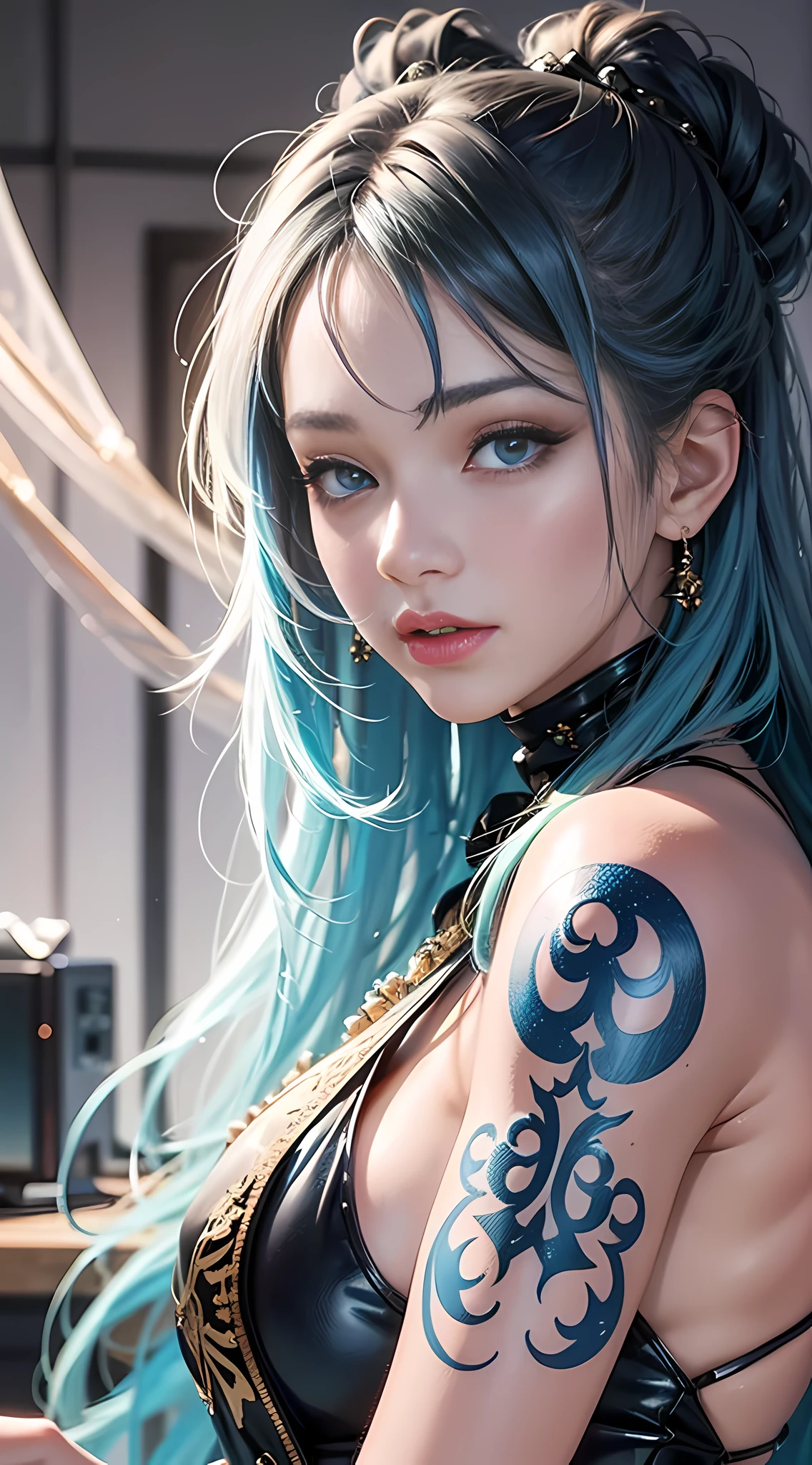HD 3D art, full of real warmth in 3D animation style, close-up (1 woman), suitable pose, hair dyed light blue beauty, in addition to tattoos delicately depicted on the whole body, the light of the horizon in landscape mode, will remind you of CGSCOSITY's tattoo expert designs, there are some masterpieces like Guweiz and James Jean,
A beautiful girl, fashionable, sexy, using her life as a canvas, the realistic style that is widely respected in Japanese fashion art circles is also a hot topic.