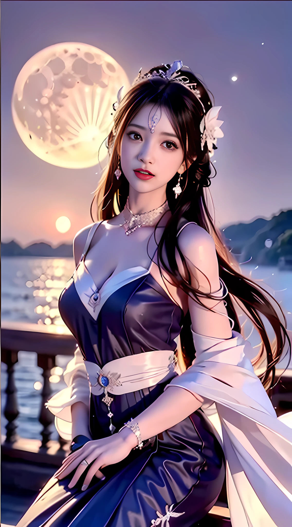 moon, moonlight, full moon, night, dark blue sky, violet, lilac dress, long skirt on chest, long black hair, long hair and waist, beautiful maiden, god, divinity, white tiara, sitting on railing, hair, slanted bangs, headband, hair ornament, forehead gemstone, paulai's jewel branch, crescent hair ornament, fish hair ornament, god ray, glitter, cinematic lighting, lens glare, uhd, high detail, high quality, high resolution, best quality, 8K, 16K, high detail, high quality, high quality, super detail, Anatomically correct, masterpiece, ccurate