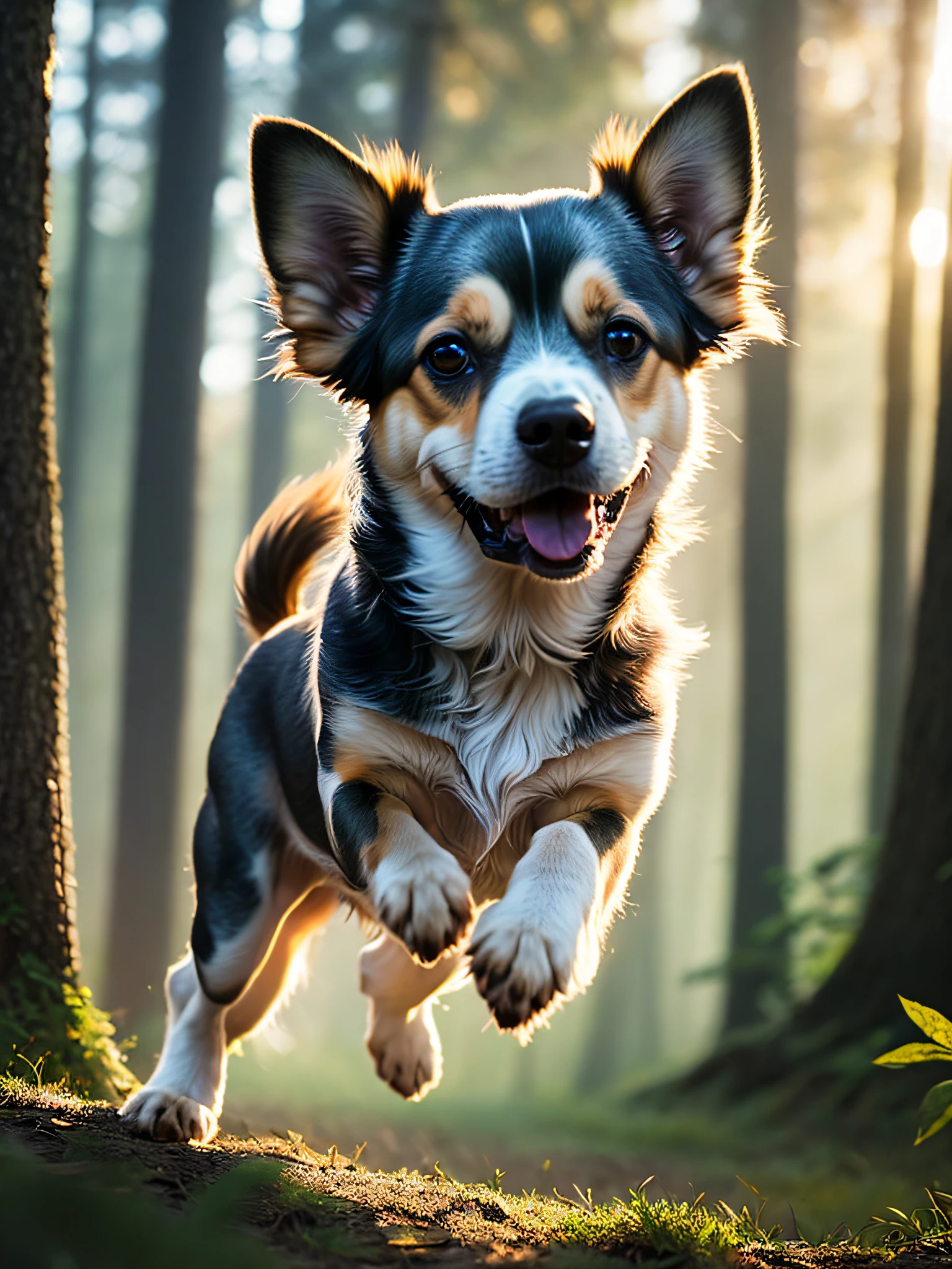 Close-up photo of a very cute jumping spotted dog in the woods, soft volumetric lighting, (backlight: 1.3), (cinematic: 1.2), intricate detail, (ArtStation: 1.3), lutkowski