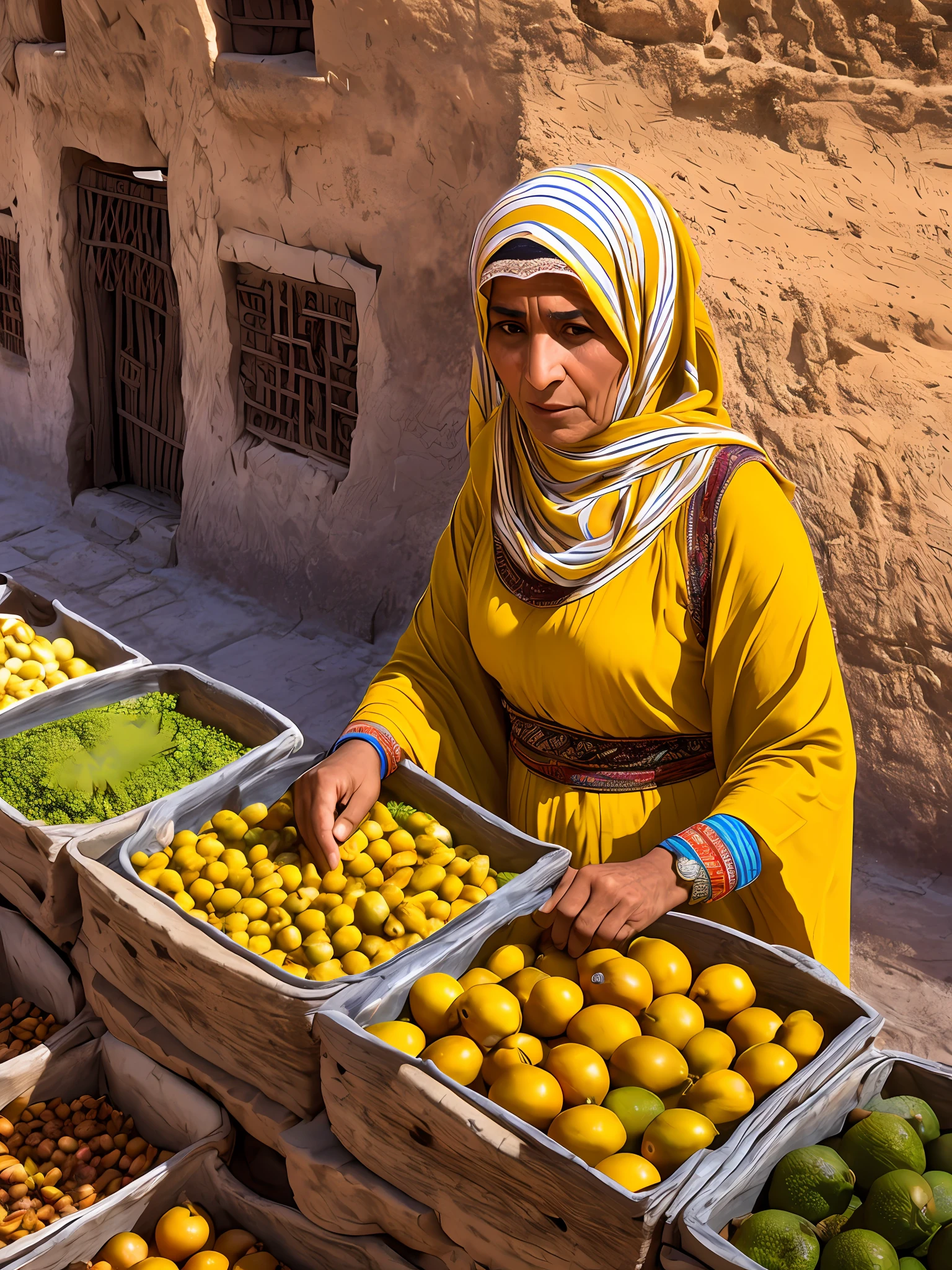 middle aged Egyptian woman in Casbah, selling lemons, dusty market background, early morning, high definition photo, Maze Guru style --auto --s2