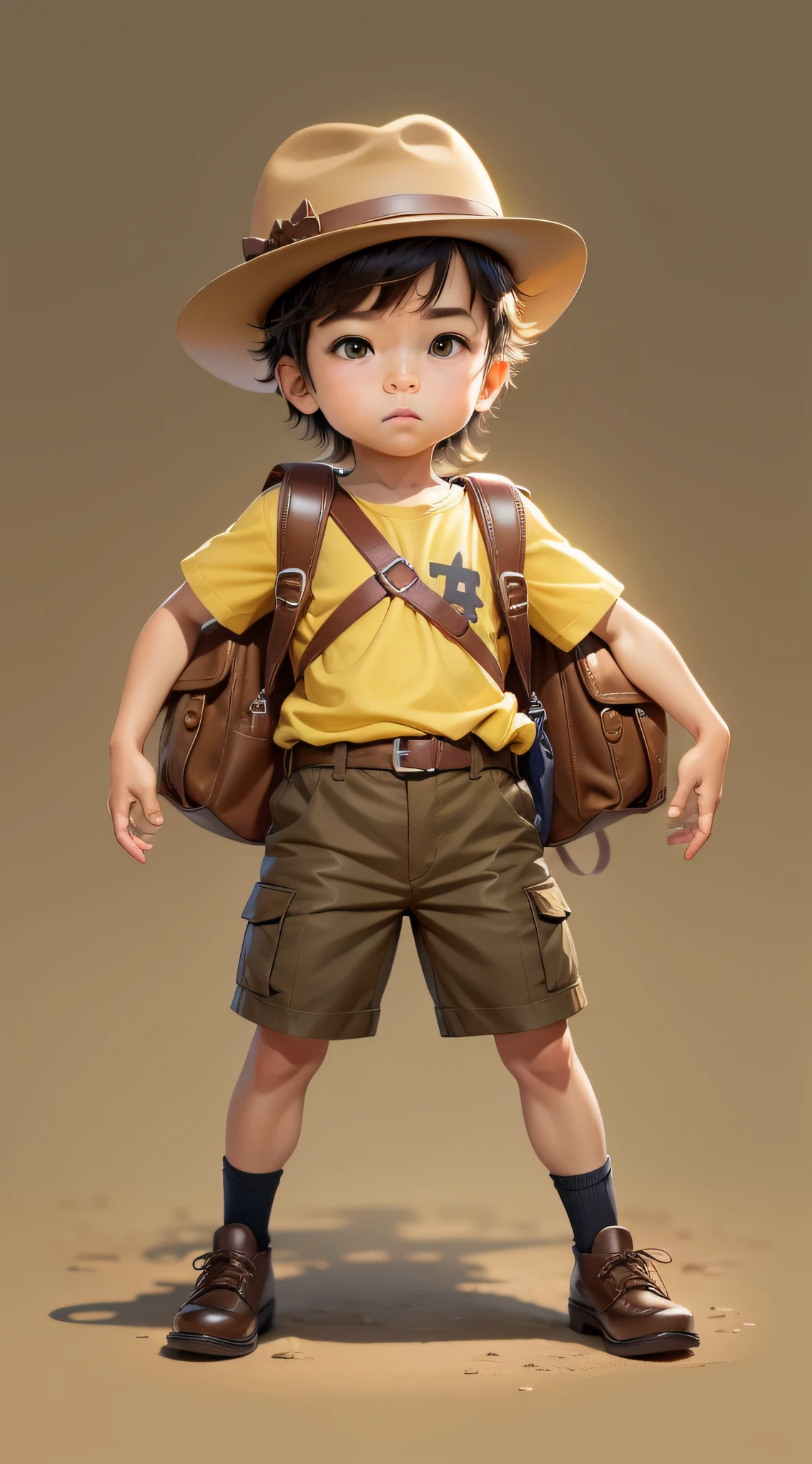  character, multiple poses and expressions, children's book illustration style, simple, cute full color, yellow shirt, brown shorts, brown leather shoes, flat color, explorer's backpack, Indiana Jones style hat, --no outline