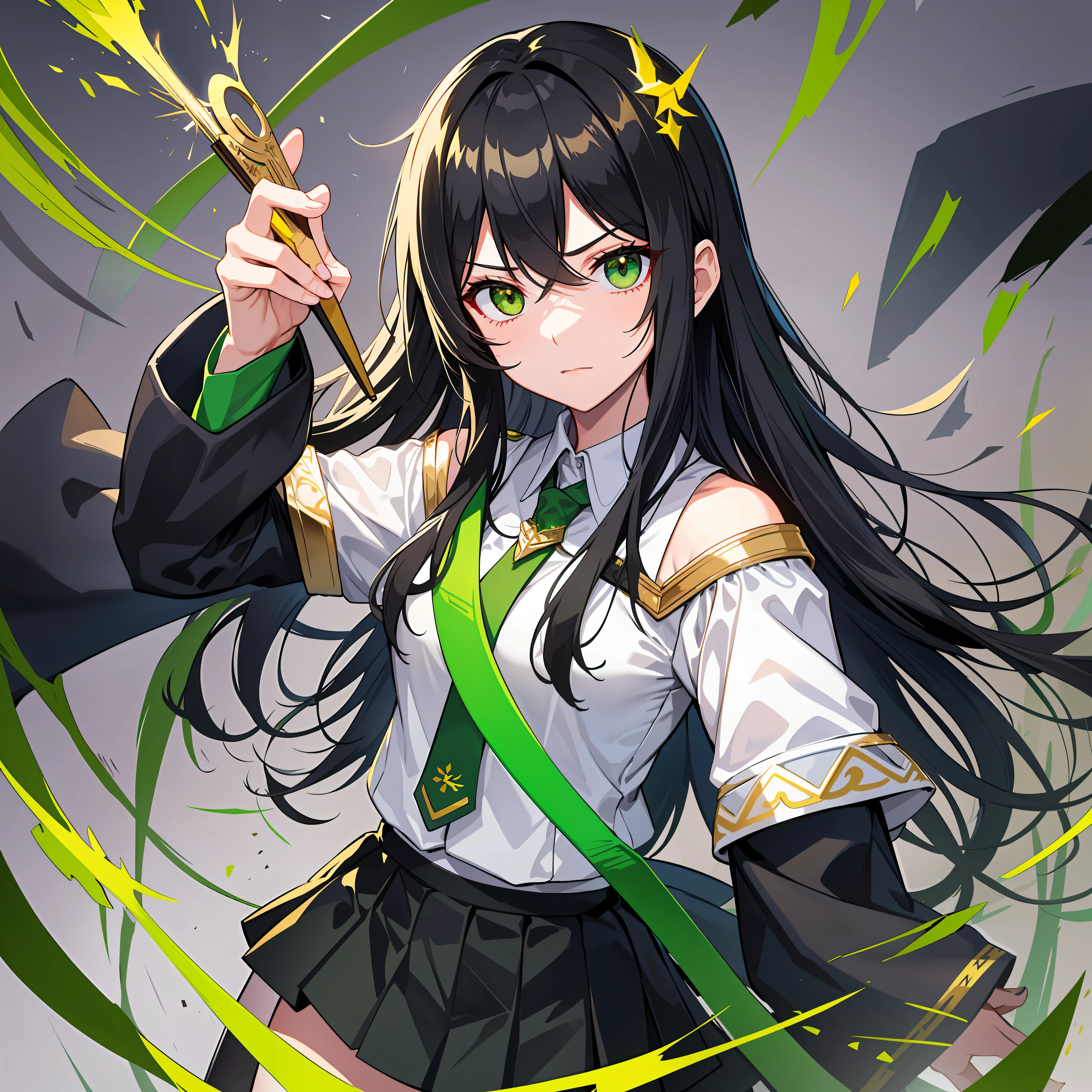Adult, one female, Long black hair with green line in the middle, white shirt with Rank on the shoulder , short green skirt with gold trim, attack mode With a hand fan, at the dessert storm, Slanted eyes, Glare, masterpiece, variation style