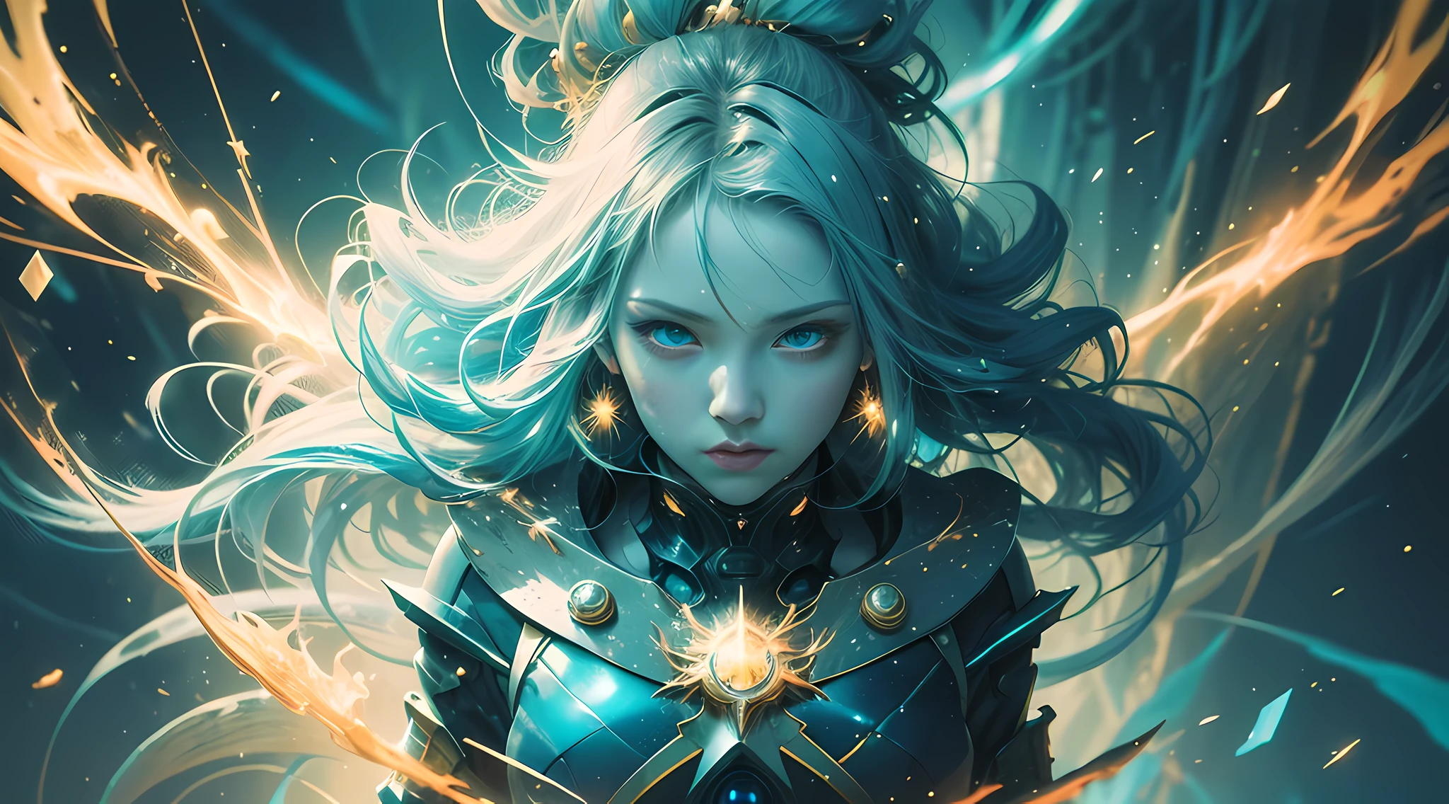 digital analysis, anime style, woman, tall, slender, elemental mage engulfed in blue flames and yellow lightning, color chaos, gold and ice tones, depth of field, beautiful, highly detailed, surreal, cinematic lighting, clear, spatial background, cinematic lighting soft, (backlight: 1.2), (blossom: 1.2), (bright light: 1.1), (chromatic aberration: 1.2), sharp focus, high contrast , masterpiece, realistic, full body