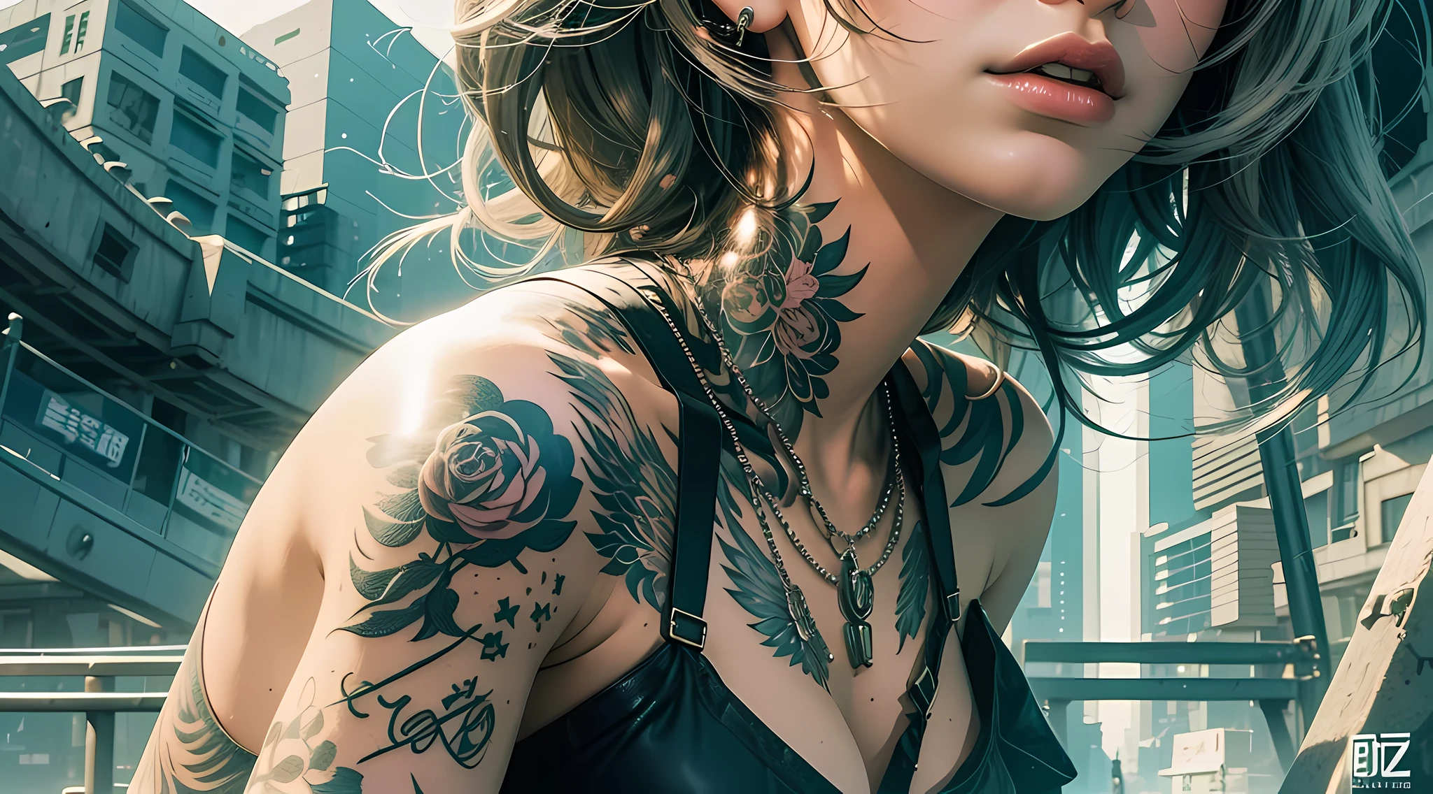 HD 3D art, full of real warmth in 3D animation style, close-up (1 woman), suitable pose, hair dyed silver beauty, in addition to tattoos delicately depicted on the whole body, the light of the horizon in landscape mode, will remind you of CGSCOSITY's tattoo expert designs, there are some masterpieces like Guweiz and James Jean, a beautiful girl, fashionable, sexy, with her life as a canvas, The realistic style that is widely respected in Japan's fashion and art circles is also a hot topic.