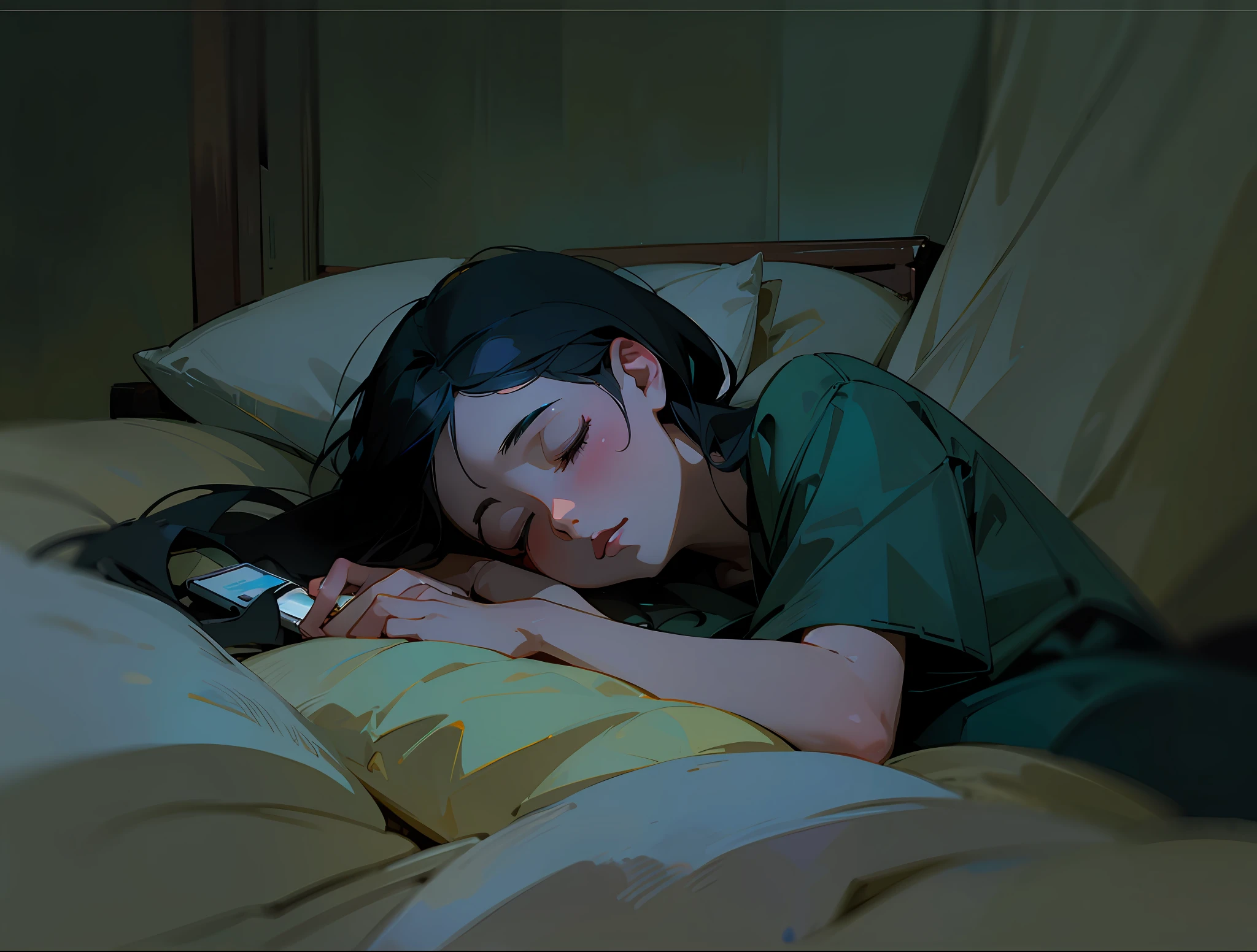 Masterpiece, best quality, dark room woman sleeping, details with a cell phone at the bedside, dim lighting, bedroom,