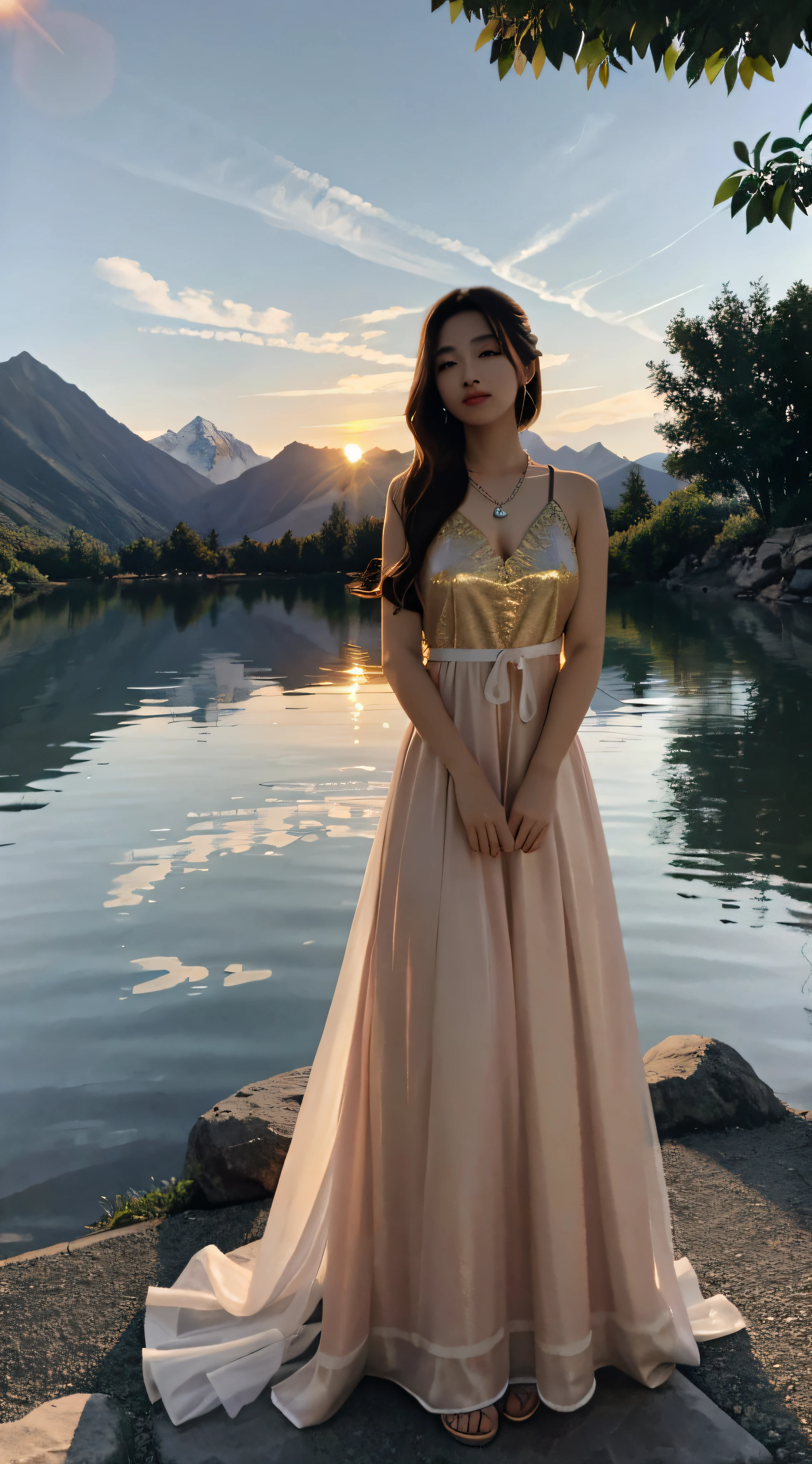 1 girl, serene expression, mesmerizing eyes, straight long hair, flowing dress, poised posture, porcelain skin, subtle blush, crystal pendant
BREAK
golden hour, (rim lighting):1.2, warm tones, sun flare, soft shadows, vibrant colors, painterly effect, dreamy atmosphere
BREAK
scenic lake, distant mountains, willow tree, calm water, reflection, sunlit clouds, peaceful ambiance, idyllic sunset, ultra detailed, official art, unity 8k wallpaper
, zentangle, mandala