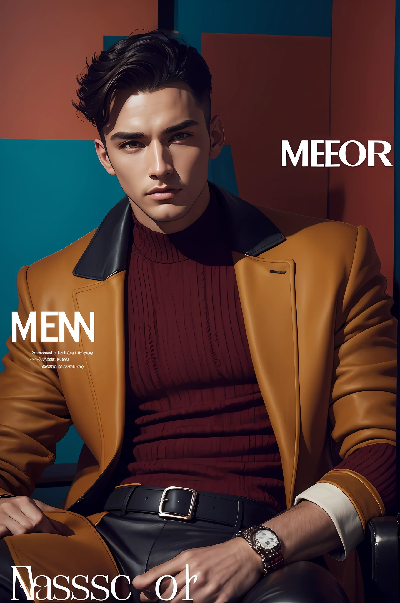 (Men's fashion magazine cover),bold text headlines, high saturation colors, captivating visual effects. --auto --s2