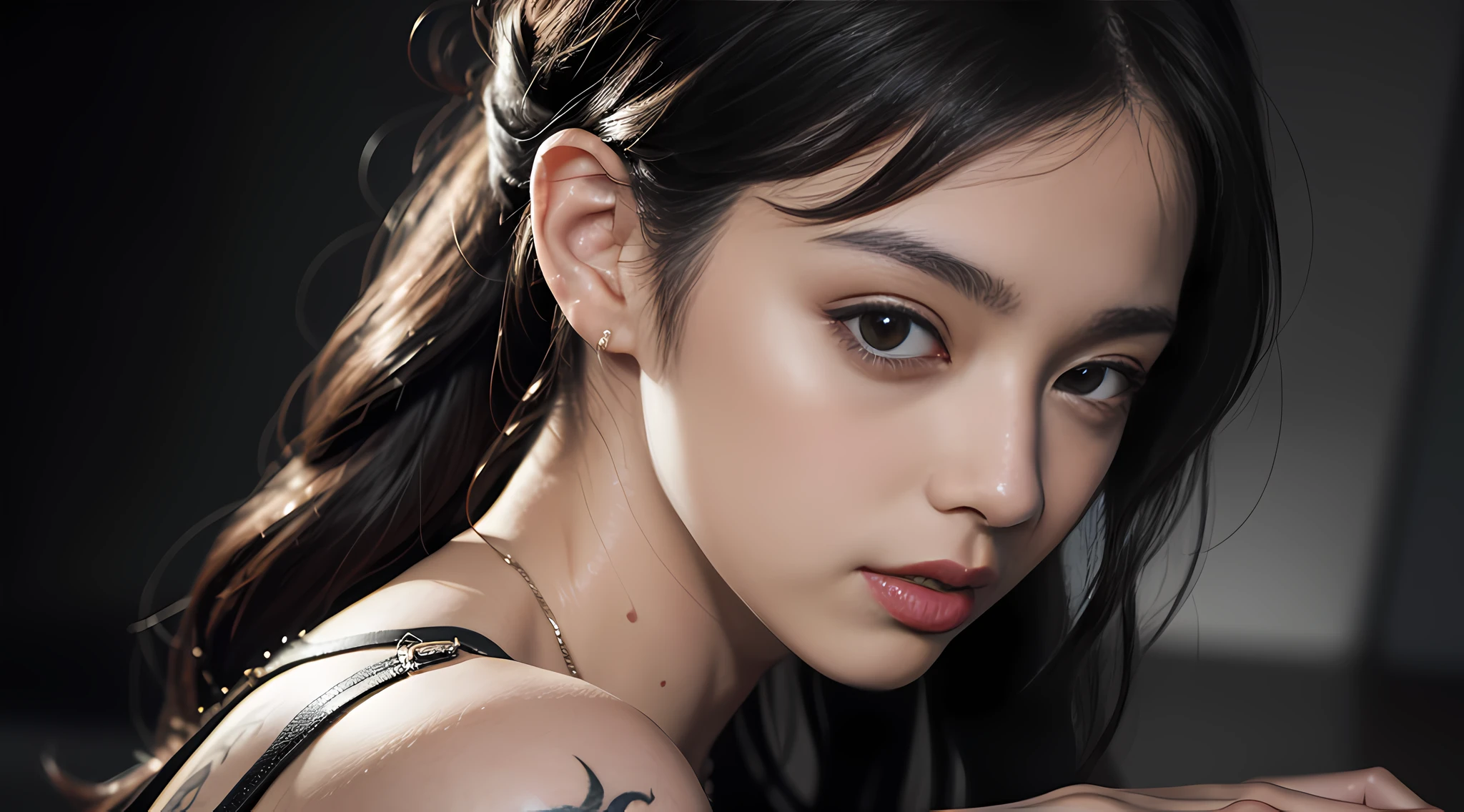 HD 3D art, full of real warmth in 3D animation style, close-up (1 woman), suitable pose, hair dyed silver beauty, in addition to tattoos delicately depicted on the whole body, the light of the horizon in landscape mode, will remind you of CGSCOSITY's tattoo expert designs, there are some masterpieces like Guweiz and James Jean, a beautiful girl, fashionable, sexy, with her life as a canvas, The realistic style that is widely respected in Japan's fashion and art circles is also a hot topic