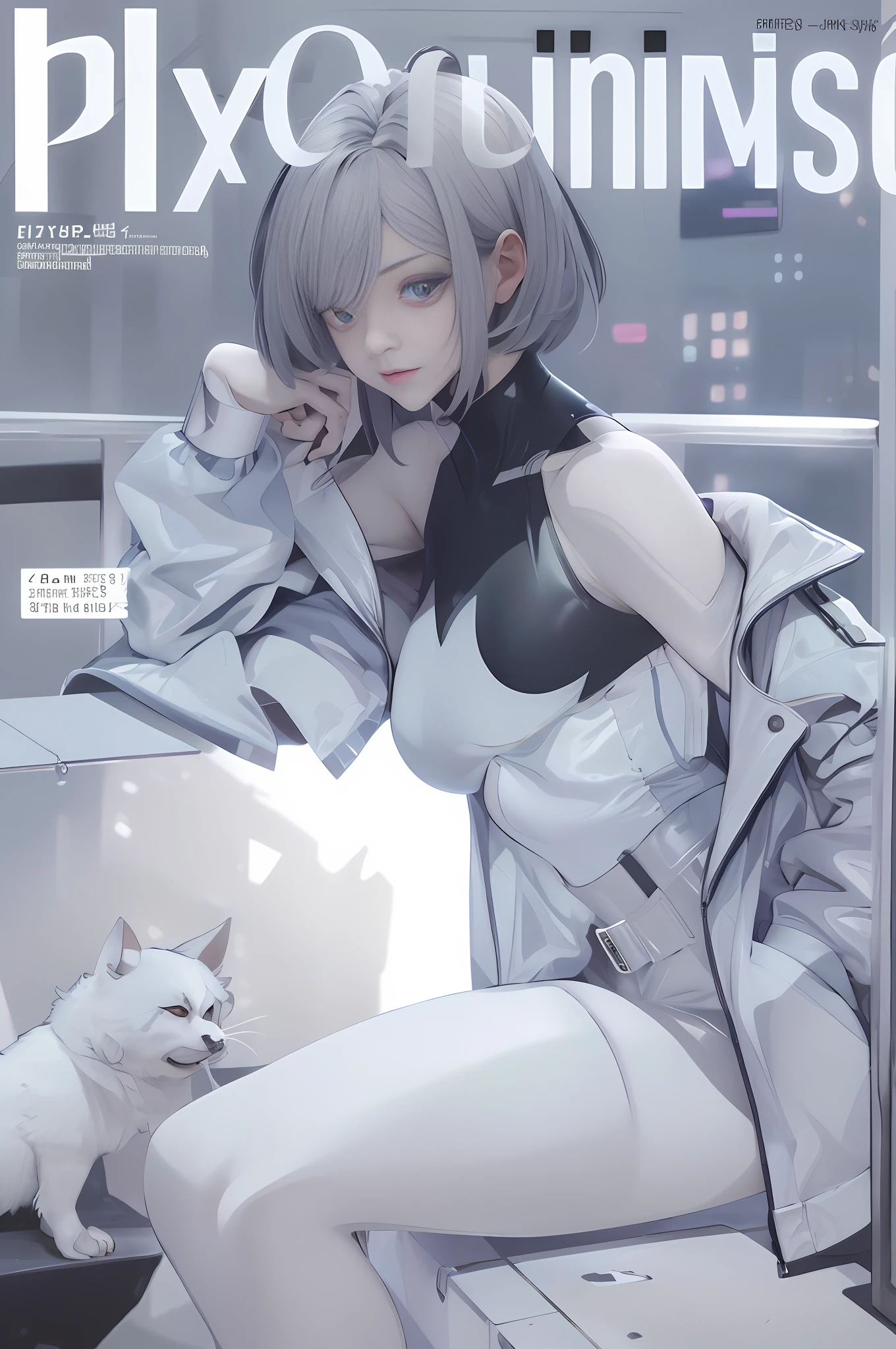 (magazine cover:1.3), (original: 1.2), masterpiece, best quality, beautiful clean face, (full body:1.1), lucy \(cyberpunk\), 1girl, against railing, arm rest, bangs, bare shoulders, belt, black belt, black leotard, black pants, blurry, bob cut, breasts, building, cityscape, clothing cutout, cropped jacket, cyberpunk, depth of field, from side, gradient eyes, grey eyes, grey hair, jacket, leotard, lips, long sleeves, mechanical parts, medium breasts, multicolored eyes, multicolored hair, night, night sky, off shoulder, open clothes, open jacket, outdoors, pants, parted lips, railing, red eyeliner, science fiction, short hair with long locks, short shorts, shorts, sidelocks, sky, solo, standing, thigh cutout, white jacket, white shorts,