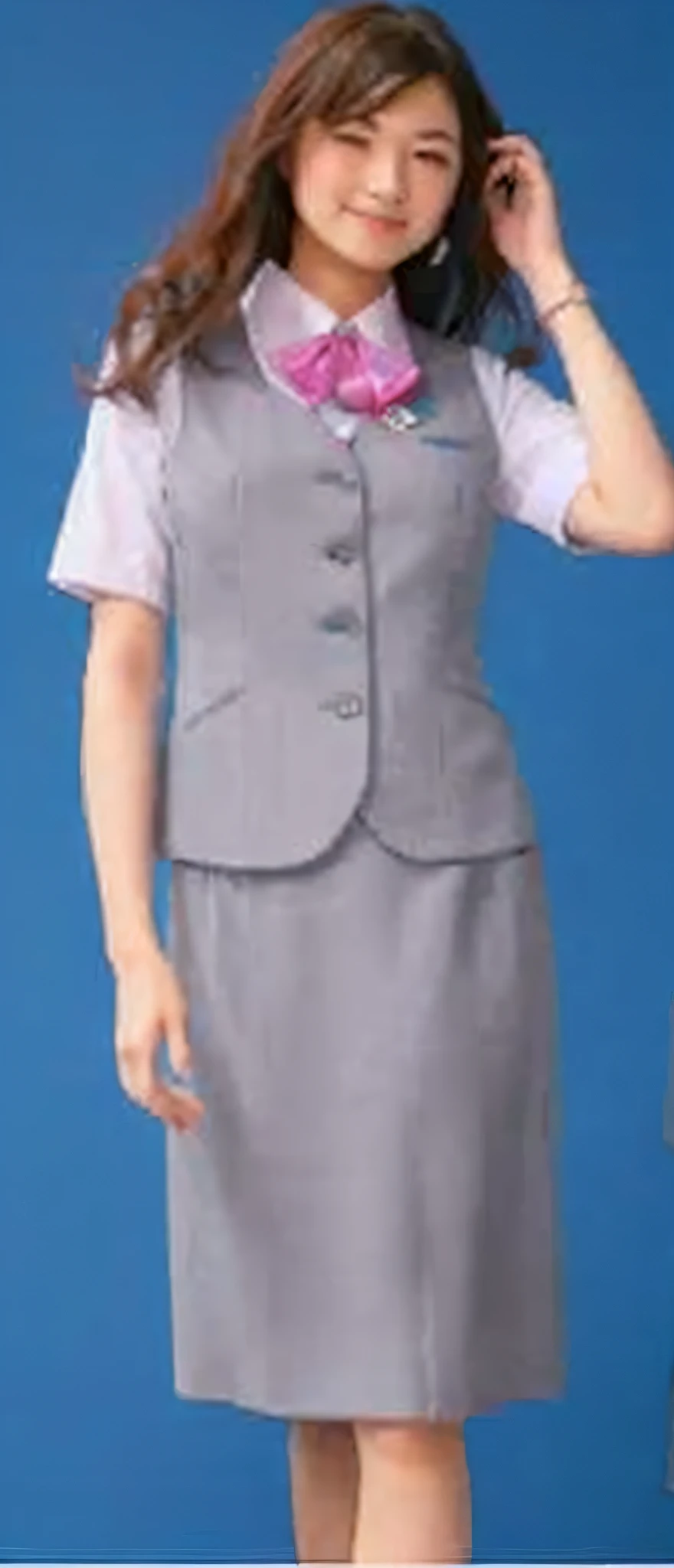 arafed woman in a gray suit and pink bow tie, seifuku, catalog photo, office clothes, work clothes, school uniform, business clothes, japanese school uniform, working clothes, japanese clothes, uniform, formal attire, female in office dress, toko fukawa, jk uniform, fubuki, academic clothing, catalogue photo, suit vest