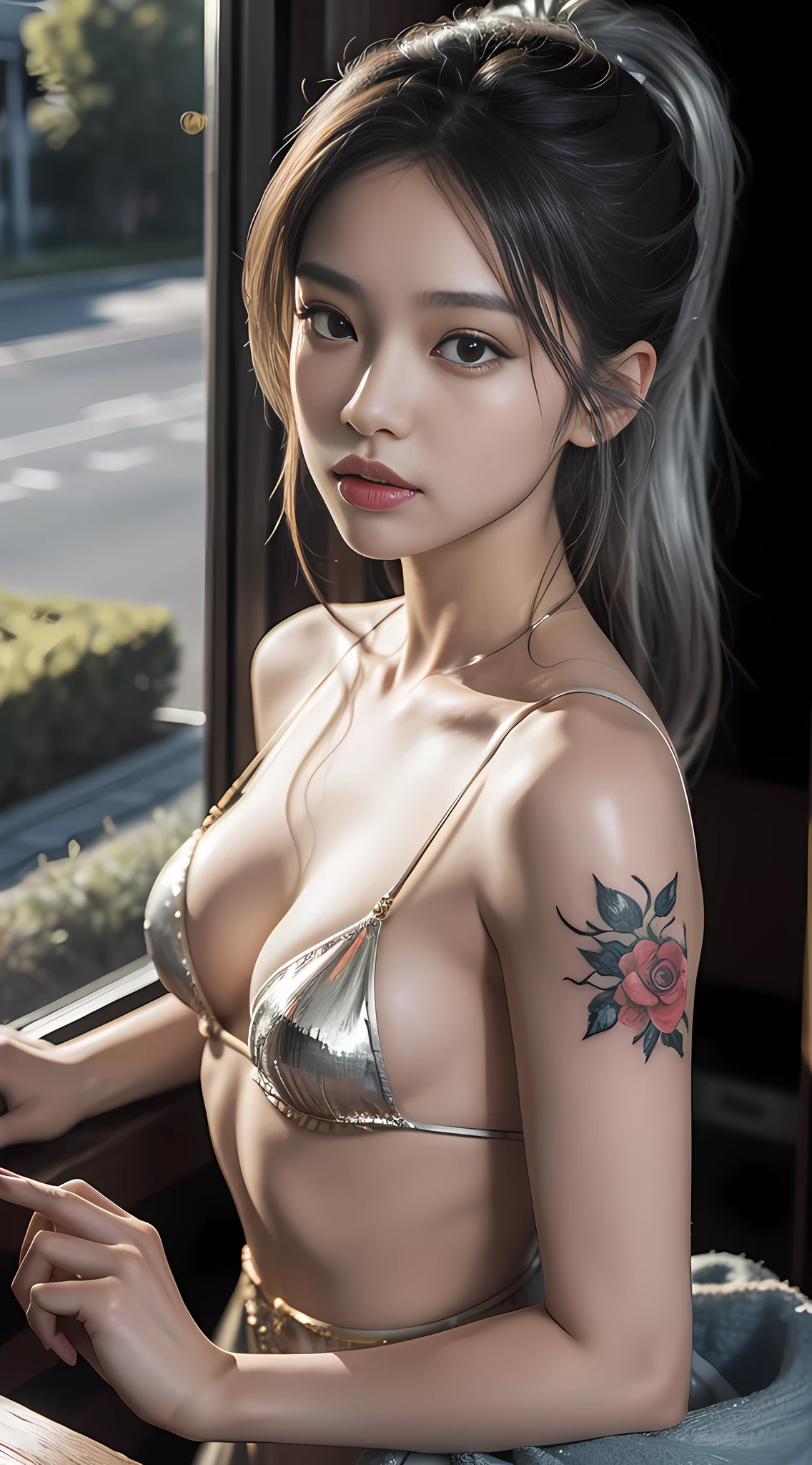 HD 3D art, full of real warmth in 3D animation style, close-up (1 woman), suitable pose, hair dyed silver beauty, in addition to tattoos delicately depicted on the whole body, the light of the horizon in landscape mode, will remind you of CGSCOSITY's tattoo expert designs, there are some masterpieces like Guweiz and James Jean, a beautiful girl, fashionable, sexy, with her life as a canvas, The realistic style that is widely respected in Japan's fashion and art circles is also a hot topic