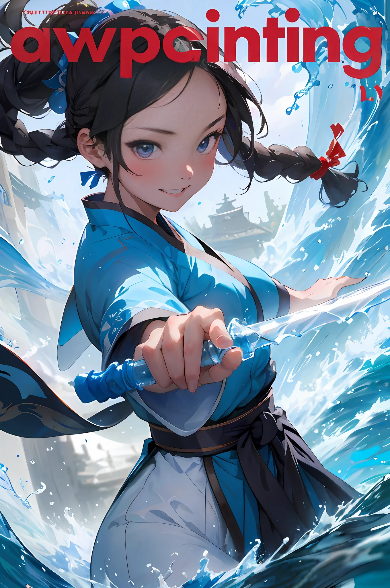 anime girl in blue outfit holding a bottle of water in front of a wave, artgerm and atey ghailan, artgerm and ruan jia, alice x. zhang, artwork in the style of guweiz, extremely detailed artgerm, sword and wand – water, ruan jia and artgerm, queen of the sea mu yanling