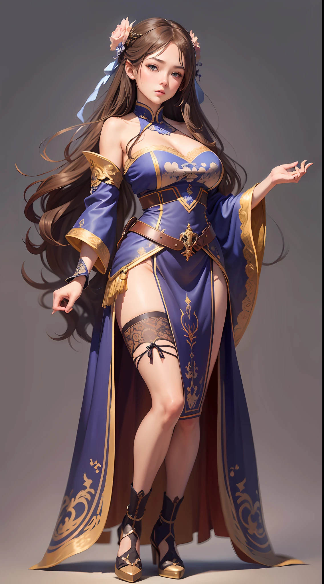 1girl, solo, blue eyes, brown hair, long hair, hanfu, dress, big breasts, bandeau, lace tights, hands on waist, 8k high quality detail art, highly detailed characters, full body, simple background, art background