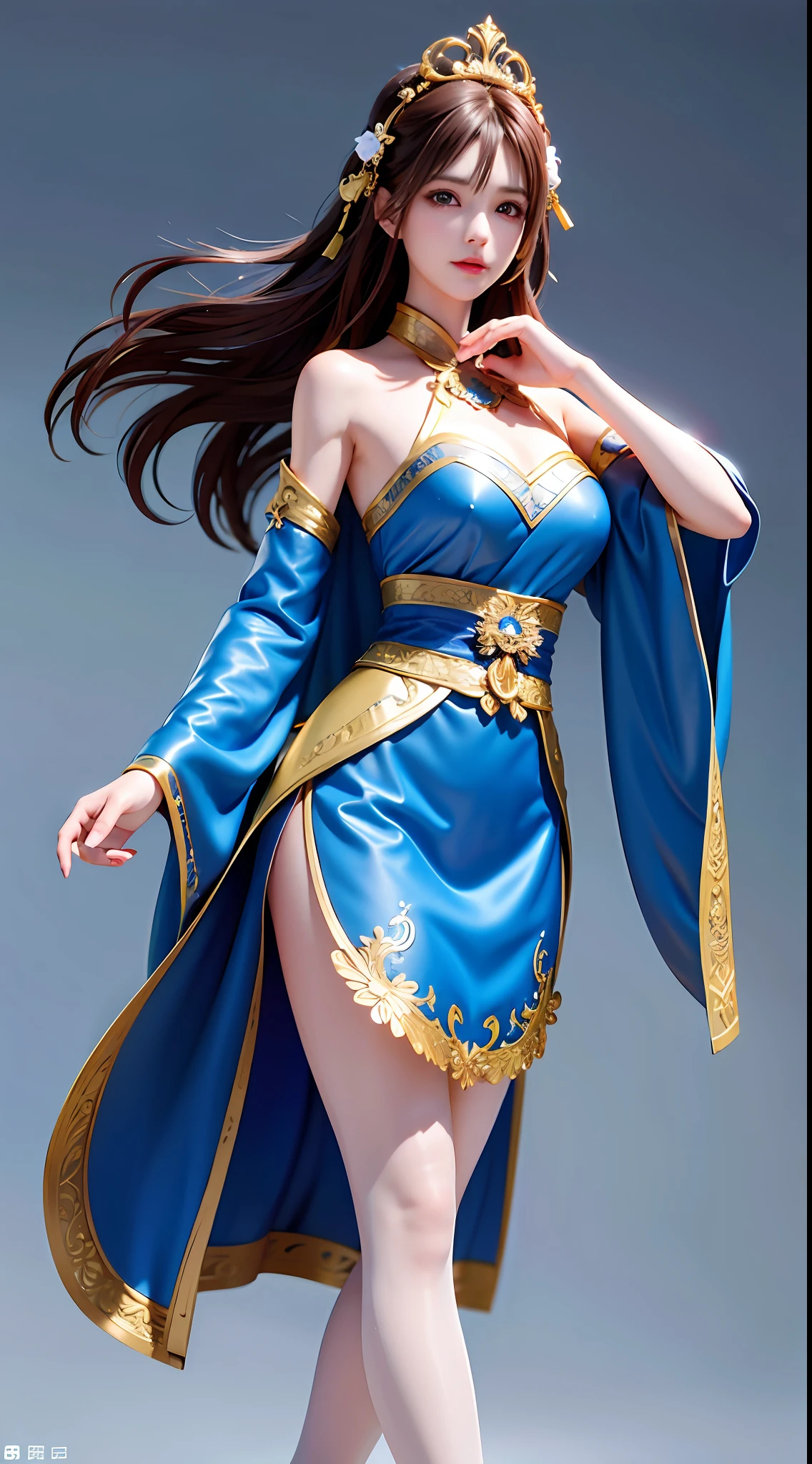 1girl, solo, blue eyes, brown hair, long hair, hanfu, dress, big breasts, bandeau, lace tights, hands on waist, 8k high quality detail art, highly detailed characters, full body, simple background, art background