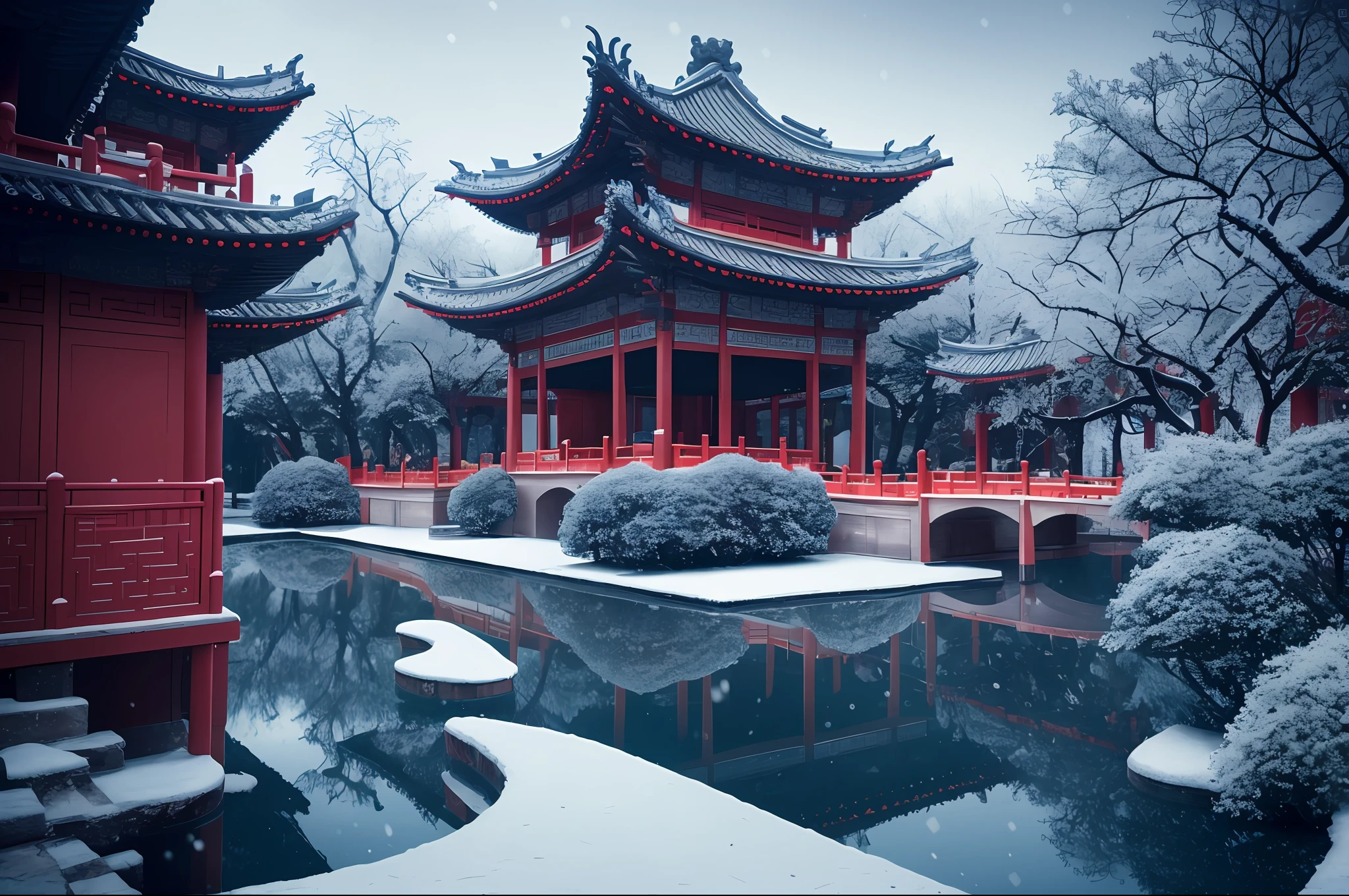 Masterpiece, best quality, high quality, extremely detailed CG unity 8k wallpaper, classical Chinese garden, landscape, amsterdam, winter, ((snowing)), outdoor, sky, daytime, landscape, water, tree, blue sky, waterfall , nature, lake, river, cloudy sky, award winning photography, bokeh, depth of field, HDR, bloom, chromatic aberration, photorealism, very detailed, trending on artstation, trending on CGsociety, intricate, high detail, dramatic, midjourney art