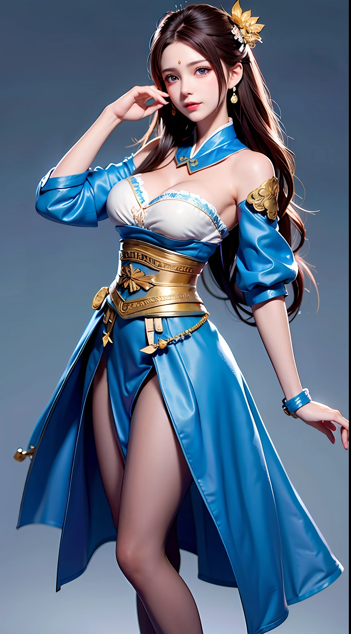 1girl, solo, blue eyes, brown hair, long hair, hanfu, dress, big breasts, bandeau, lace tights, hands on waist, 8k high quality detail art, highly detailed characters, full body, simple background, art background