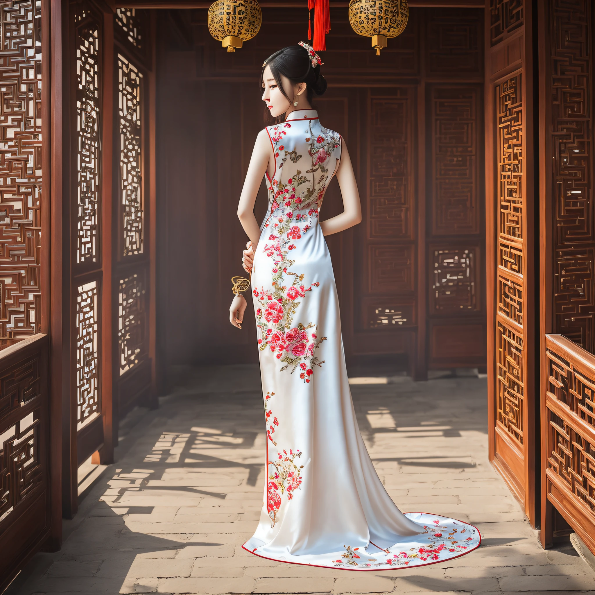 Unreal engine, Unreal engine, (((arms behind back))), HD quality, full body photo, 1 traditional girl, chest and slender waist, perfect body in guweiz style artwork, Chinese girl, cute delicate face, amazing Realistic.Cheng Yi,beautiful animated portrait,photorealistic animation,extremely beautiful face,by Yang Ji,detailed face of an Asian girl,traditional beauty,ink bamboo leaf embroidery cheongsam silk,(sleeveless),palace , inspired by Chen Yifei, traditional beauty, inspired by Qiu Ying, inspired by Zhang Yan, inspired by Tang Yifen, traditional Chinese silk cheongsam embroidery, (sleeveless), Japanese goddess, inspired by Wu Bin, (((arms behind back)) ),full-body shot --auto --s2