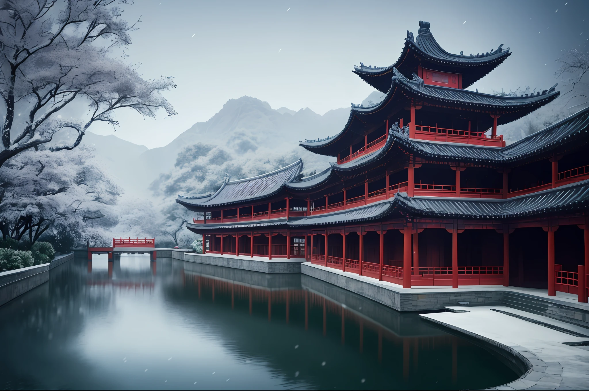 Masterpiece, best quality, high quality, extremely detailed CG unity 8k wallpaper, classical Chinese garden, landscape, amsterdam, winter, ((snowing)), outdoor, sky, daytime, landscape, water, tree, blue sky, waterfall , nature, lake, river, cloudy sky, award winning photography, bokeh, depth of field, HDR, bloom, chromatic aberration, photorealism, very detailed, trending on artstation, trending on CGsociety, intricate, high detail, dramatic, midjourney art