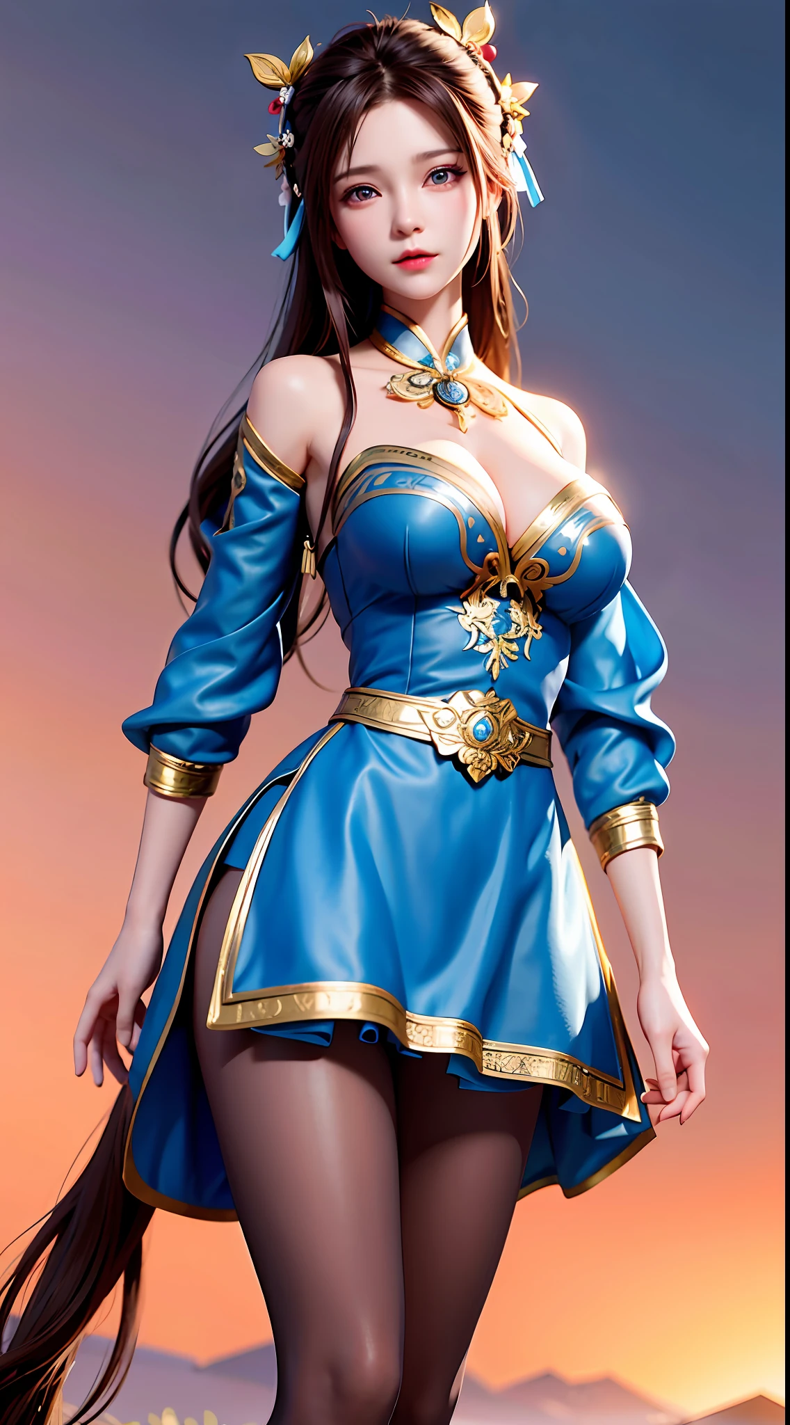 1girl, solo, blue eyes, brown hair, long hair, hanfu, dress, big breasts, bandeau, lace tights, hands on waist, 8k high-quality detail art, highly detailed characters,