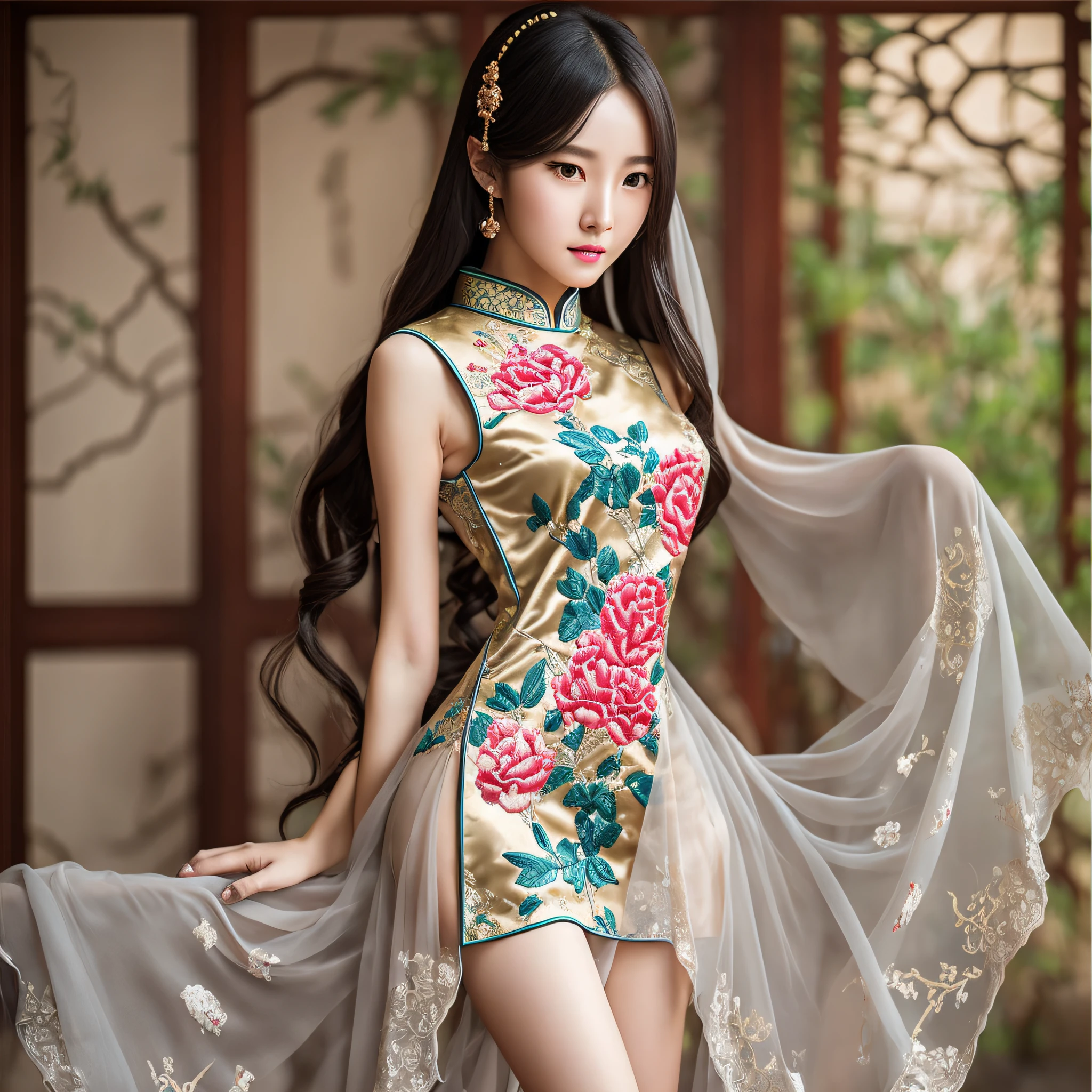 Unreal engine, Unreal engine, (((arms behind back))), HD quality, full body photo, 1 traditional girl, chest and slender waist, perfect body in guweiz style artwork, Chinese girl, cute delicate face, amazing Realistic.Cheng Yi,beautiful animated portrait,photorealistic animation,extremely beautiful face,by Yang Ji,detailed face of an Asian girl,traditional beauty,ink bamboo leaf embroidery cheongsam silk,(sleeveless),palace , inspired by Chen Yifei, traditional beauty, inspired by Qiu Ying, inspired by Zhang Yan, inspired by Tang Yifen, traditional Chinese silk cheongsam embroidery, (sleeveless), Japanese goddess, inspired by Wu Bin, (((arms behind back)) ),full-body shot --auto --s2