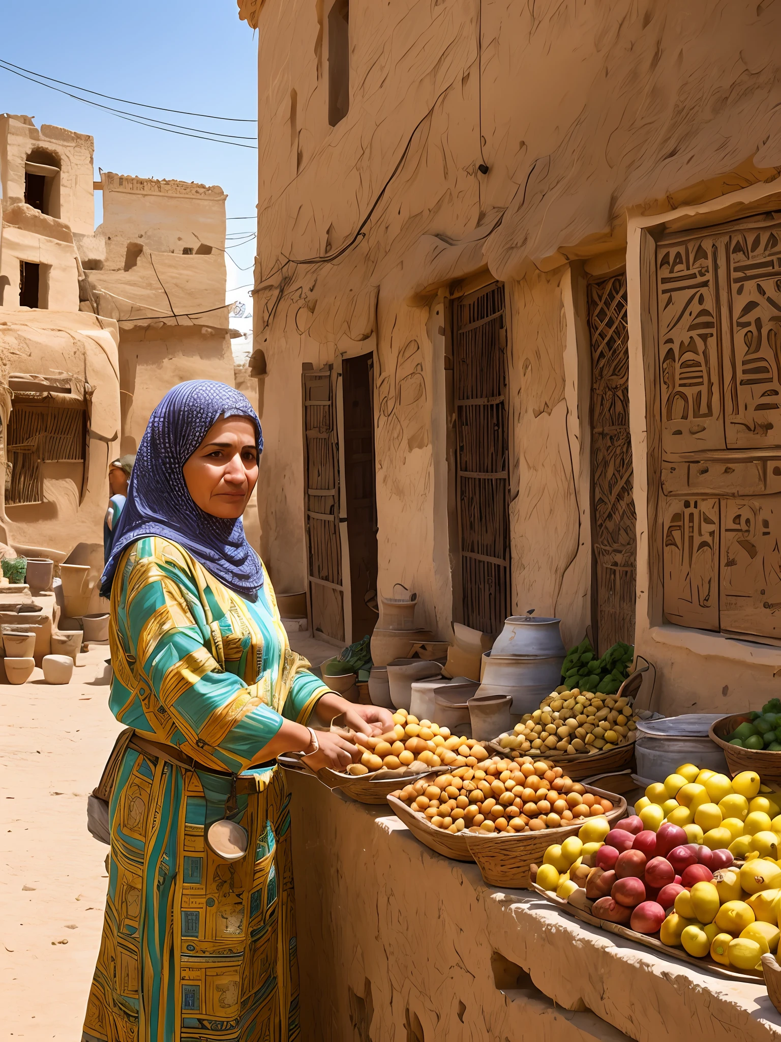 middle aged Egyptian woman in Casbah, selling lemons, dusty market background, early morning, high definition photo, Maze Guru style --auto --s2