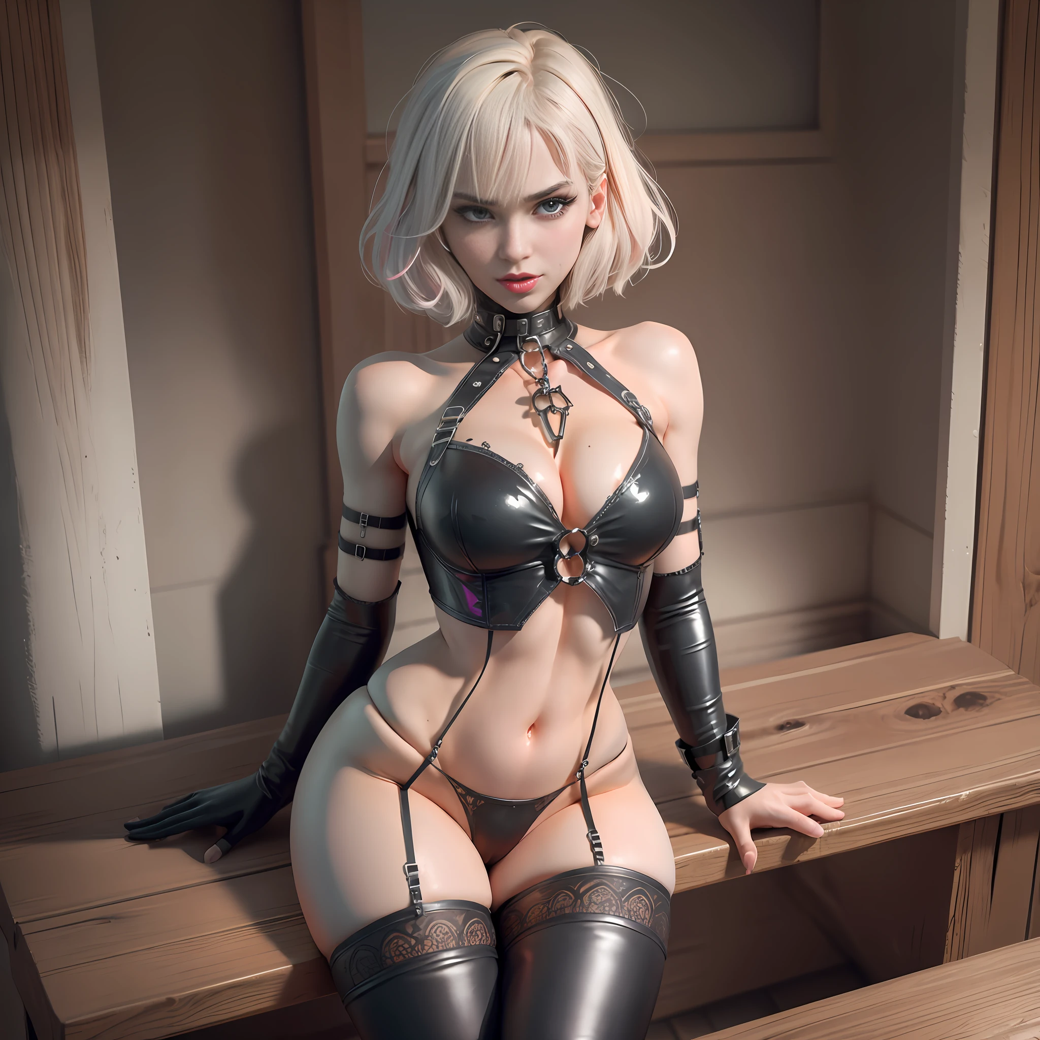 Evil face, blushing expression, seductive look, confused eyes, spitting out tongue, saliva, plump seductive figure, BDSM, slave, rubber, black corset, bondage, collar, NSFW, (best quality, 8k, Masterpiece: 1.3))), clear focus: 1.2, (layer cut, large: 1.2), beauty with perfect figure: 1.4, slender abs: 1.2, wet body: 1.5, highly detailed facial and skin texture, detailed eyes, double eyelids, squat split legs, fluid outflow between legs, short hair , woman body definition, short underwear, short panties: --auto --s2