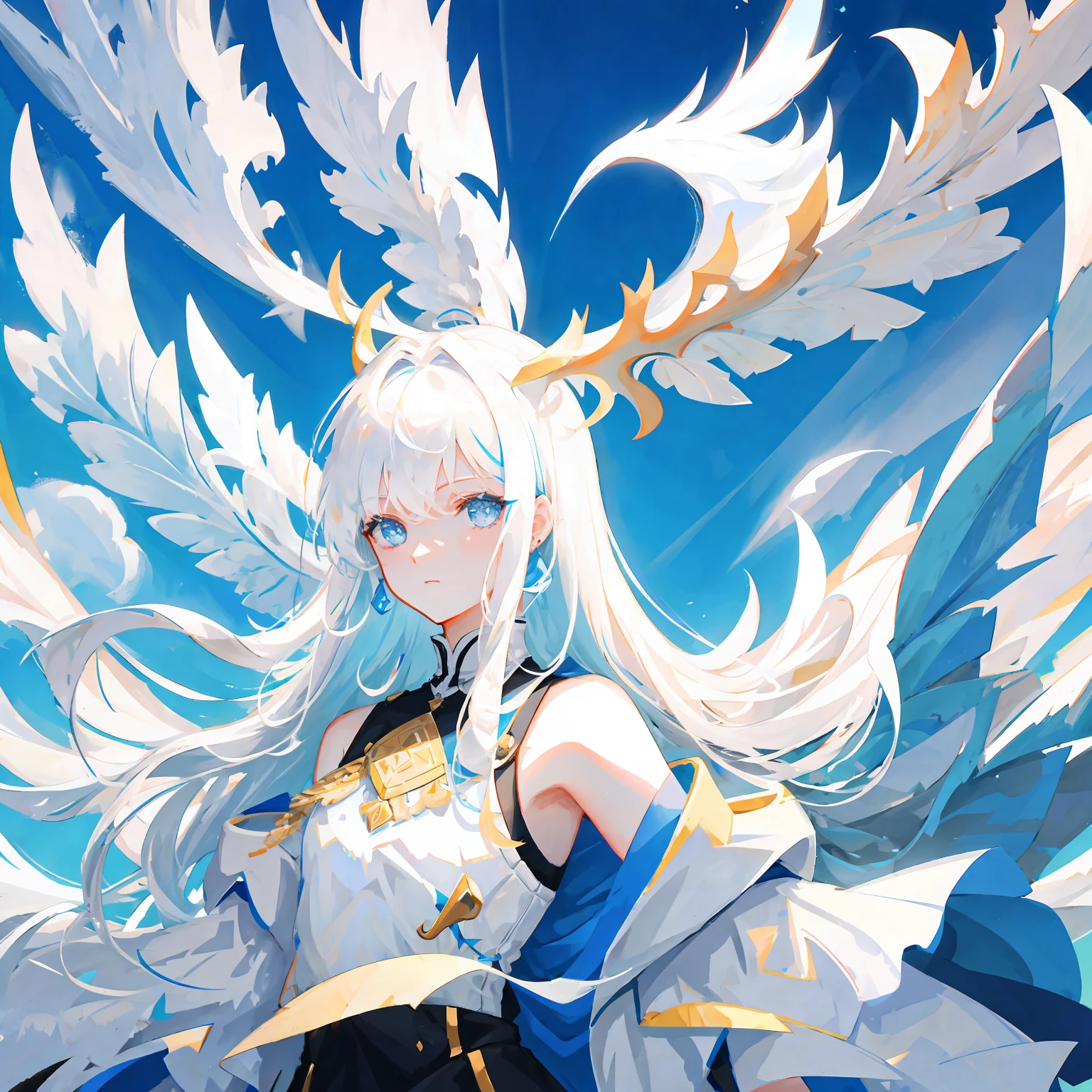 1 female, two-dimensional, white hair and blue eyes, black sky on the background, large white dragon horns on the head, bare shoulders, delicate face, front seat, wings spread behind the back, white skin, flat chest