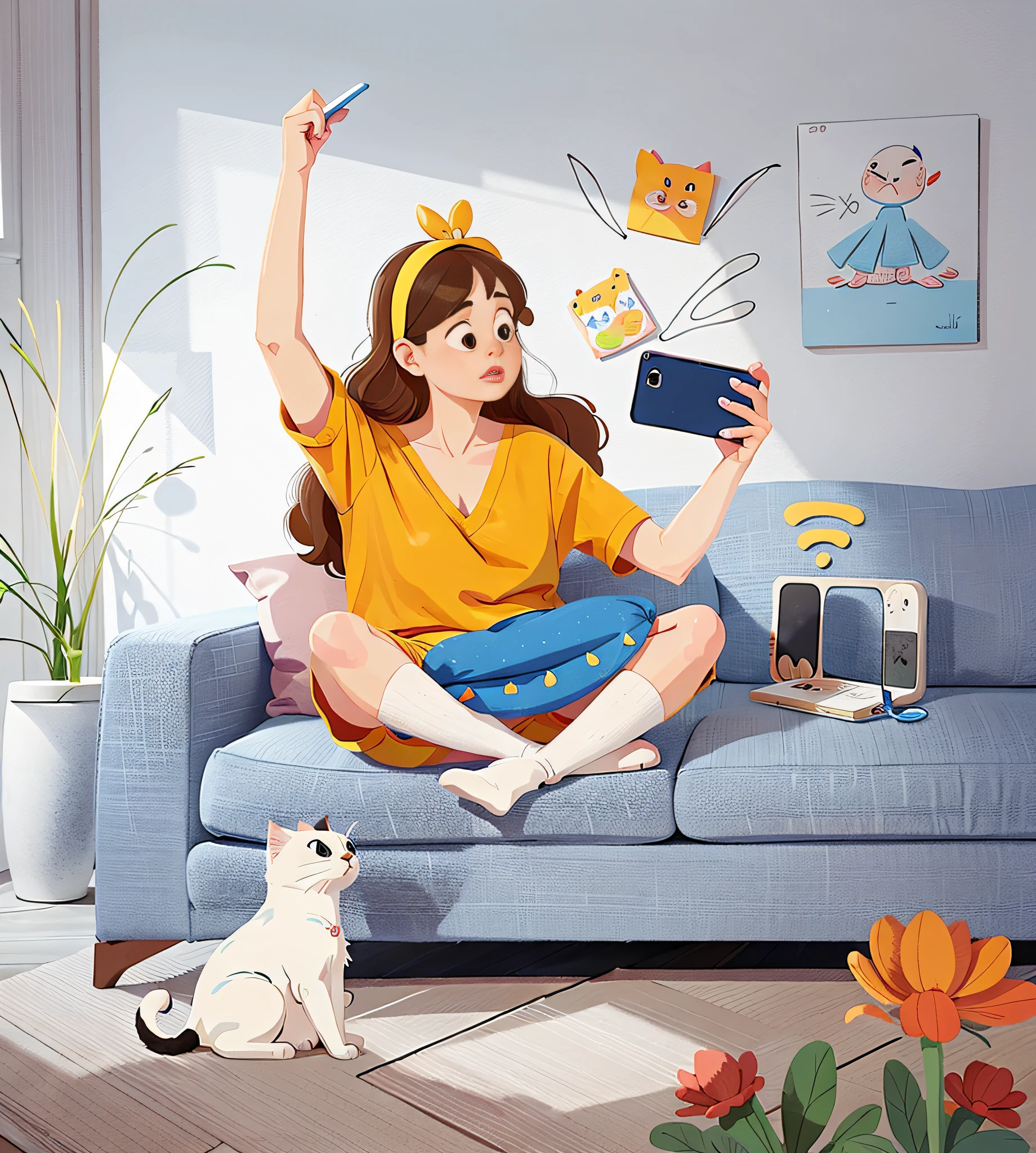 Cartoon woman sitting on sofa, has a cat and a mobile phone, internet WIFI, funny illustration, humorous illustration, exciting illustration, everyday life, using a magical tablet, 8k cartoon illustration, holding up a smartphone, goddess checking her phone, stylized digital illustration, cartoon style illustration, commercial illustration, super humorous illustration, loepfe girl, cute illustration, digital illustration