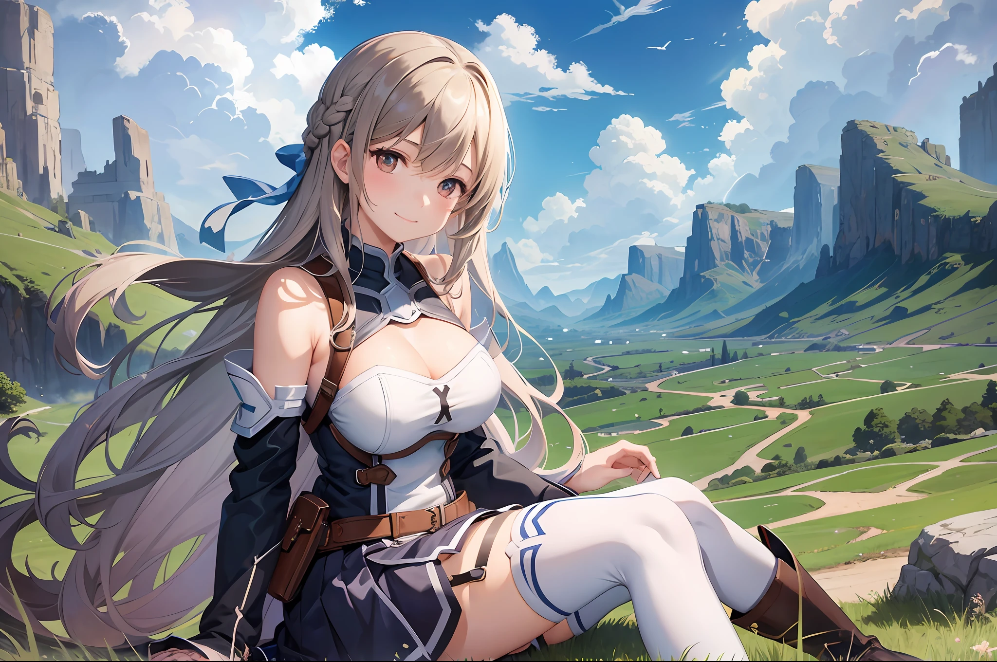 1girl, asuna_\(sao\), bangs, bare_shoulders, blue_sky, blush, boots, braid, breastplate, breasts, brown_eyes, closed_mouth, cloud, cloudy_sky, day, detached_sleeves, grass, hair_between_eyes, long_hair, looking_at_viewer, mountain, outdoors, rock, sitting, skirt, sky, smile, solo, thighhighs, very_long_hair, big boobs --auto --s2