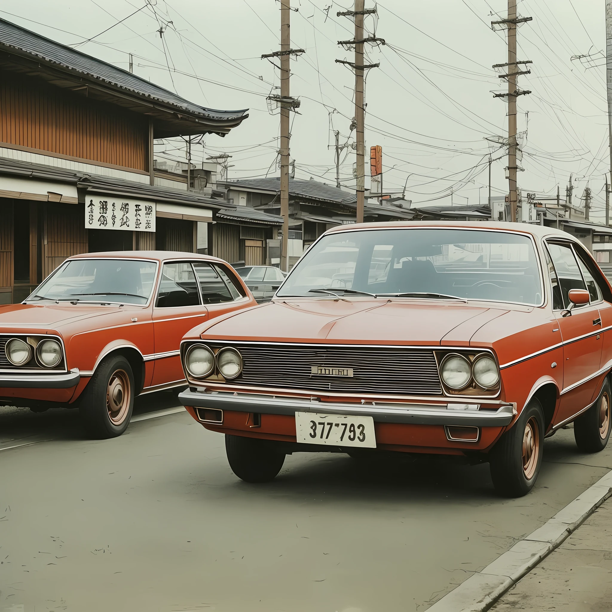 Photos of Japan in the 1970s, nostalgic, vintage, old faded color photos, streets, realistic photos, high quality, 1 car from the 1970s, cloudy, dirty, rust, ultra-realistic, retro --auto --s2