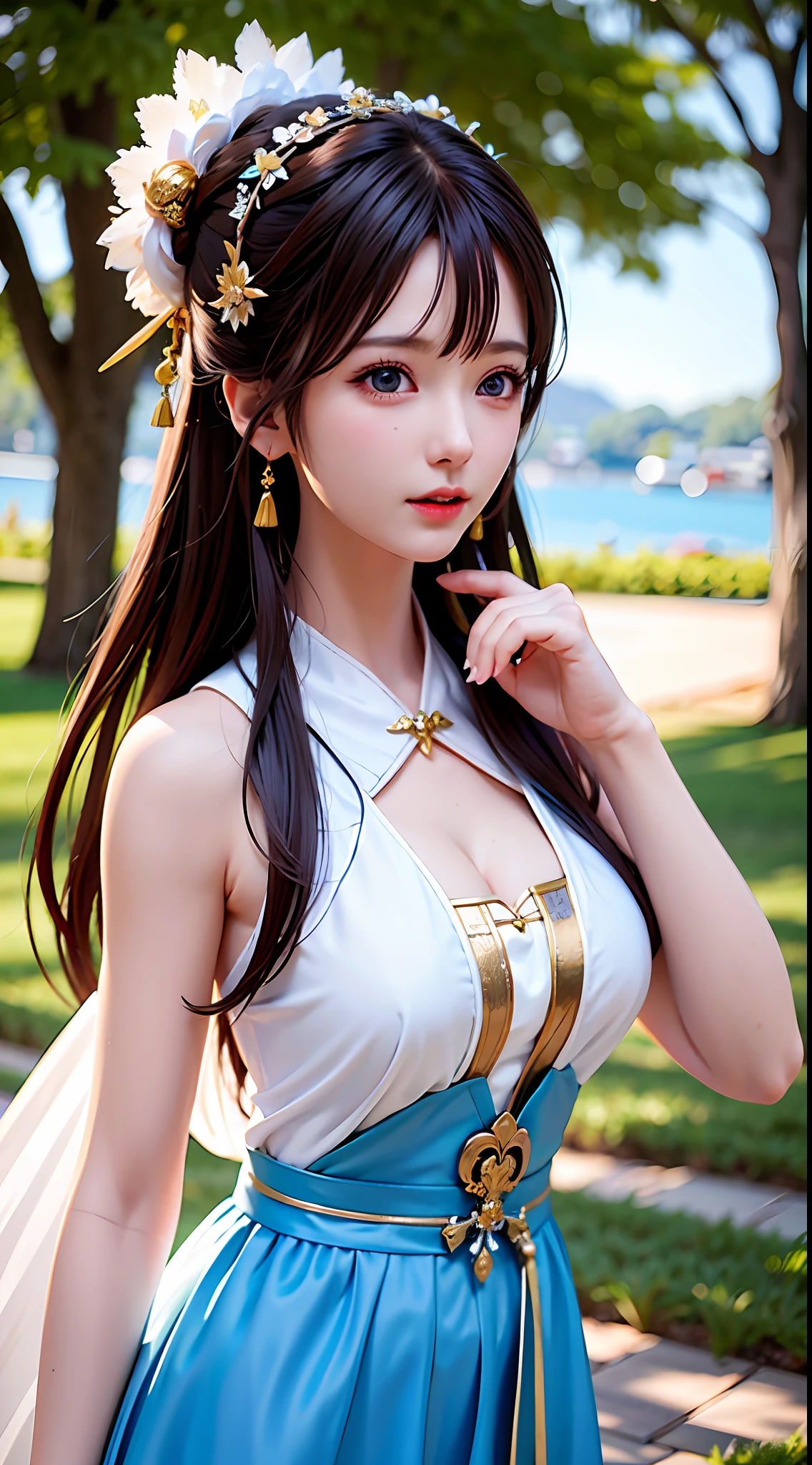 A woman in a white dress, Hanfu, blue eyes, brown hair, beautiful and attractive figure, skinny, big breasts, woman close-up, detailed costume, 4K detail fantasy, outdoor, rendering, beautiful maiden, goddess. Extremely high detail, 8K high quality detail art, anime highly detailed, highly detailed characters, seductive anime girls, Asians, super detailed details