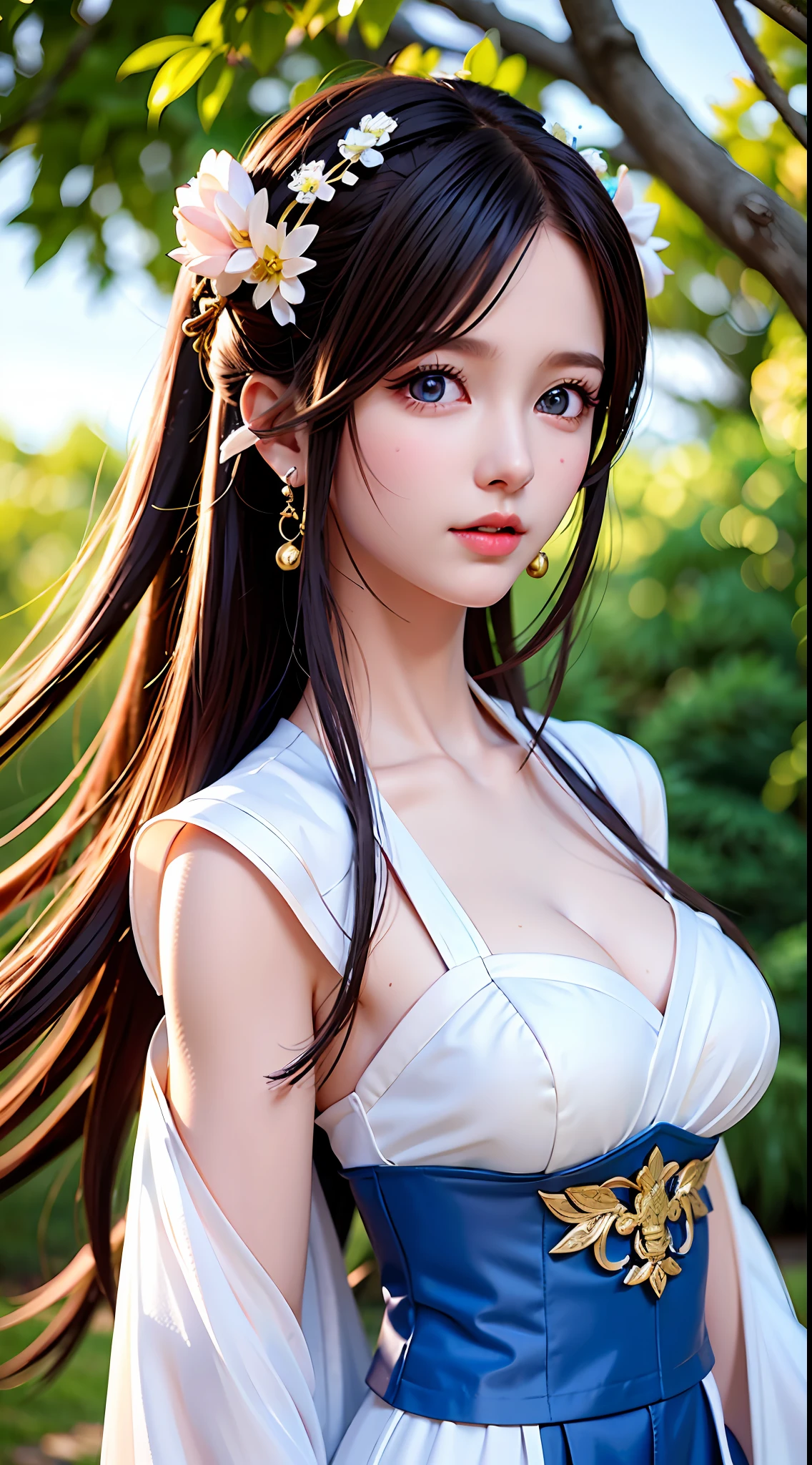 A woman in a white dress, Hanfu, blue eyes, brown hair, beautiful and attractive figure, skinny, big breasts, woman close-up, detailed costume, 4K detail fantasy, outdoor, rendering, beautiful maiden, goddess. Extremely high detail, 8K high quality detail art, anime highly detailed, highly detailed characters, seductive anime girls, Asians, super detailed details