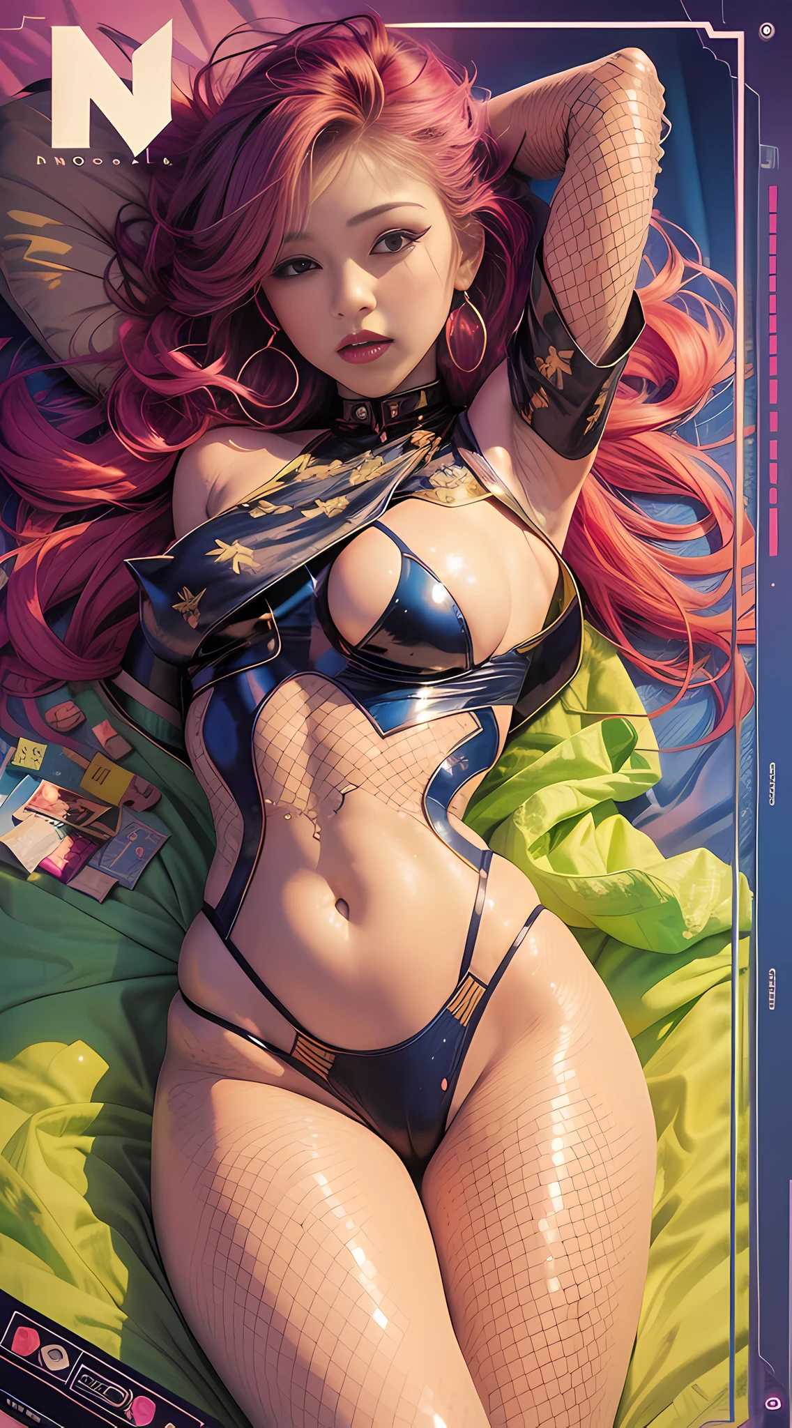 The magazine cover features a woman lying in bed, and the album cover is inspired by Charles Rocca, Tumblr, sōsaku hanga, KDA, Detailed Image, jia, Tease, Cover Shot, Odafi , Candy Color, With Neon Sign, Full Body Fairy, ((Supersaturated)), Sexy Pose