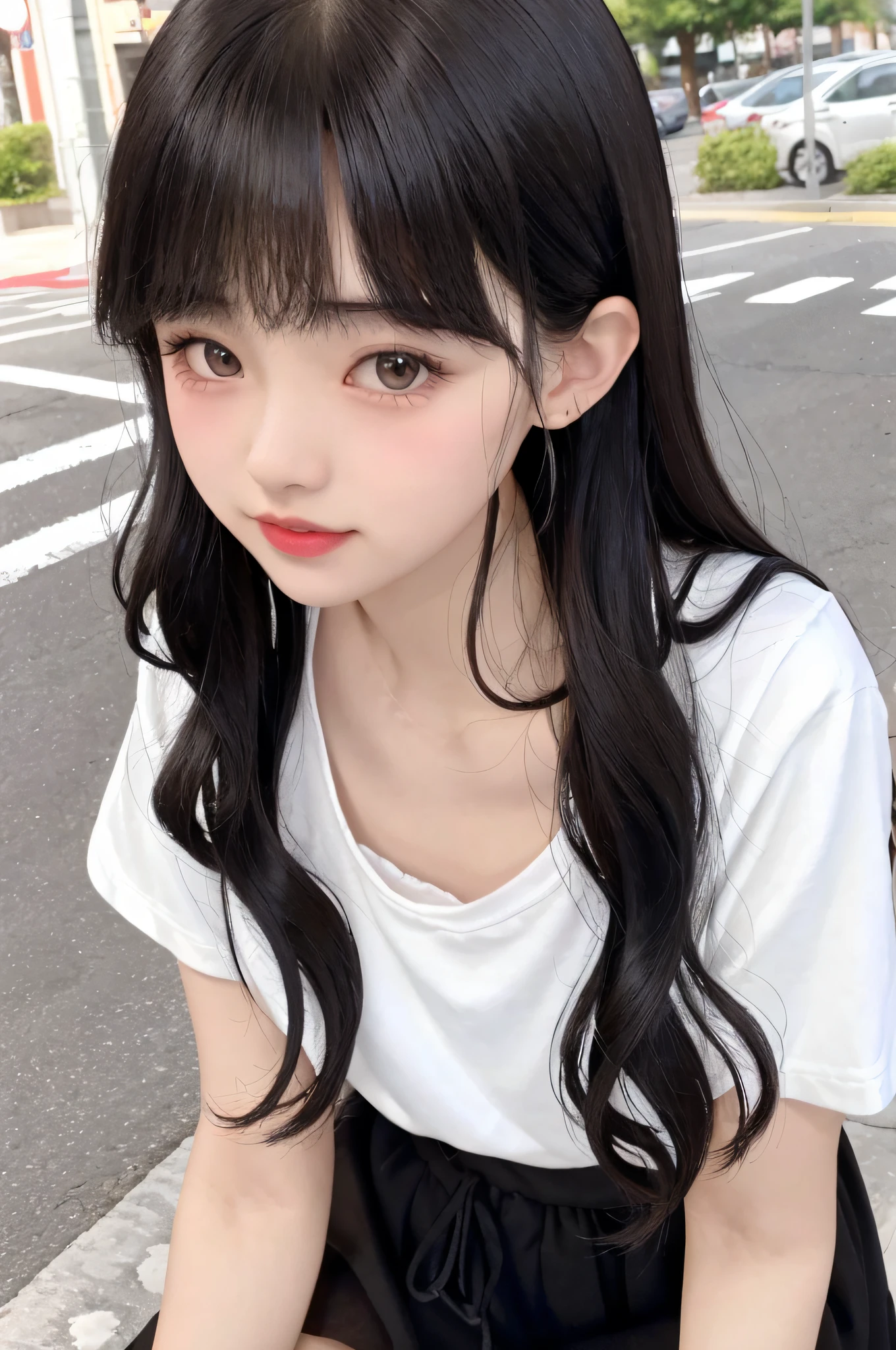 RAW, analog style, delicate, best quality, hyper detail, fine detailed, locate details, colorful, (perfect figure, perfect face), (beautiful 18 years old cute korean girl: 1.3), soft lips, (light eyebrows: 1.4), 1 female, 18 years old, solo focus, skinny, pale skin, soft lips, ( Light eyebrows: 1.4), shiny brown eyes, long black hair, hair clips, small breasts, beautiful and delicate sky, flowing hair, (nose blush), beautiful and delicate eyes, white T-shirt, blue girl skirt, black high heels \ street side, smile,