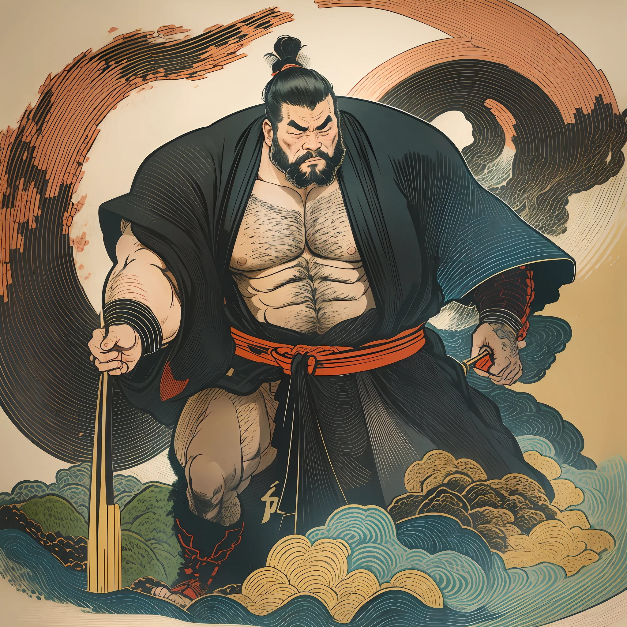 It is a full-body painting with natural colors with line drawings in the style of ukiyo-e. A Japan samurai with a large body like a strongman, no body hair, no tattoos. He has a handsome and rough look on his face, with short black hair and a short, trimmed beard. About 30s. His upper body should be drawn in a black kimono, with a knee-length hakama in a flowing shape that flutters in the wind. Japan holding a sword in his right hand. Stand in the thundering of the masterpiece's high-resolution ukiyo-e style at the highest quality