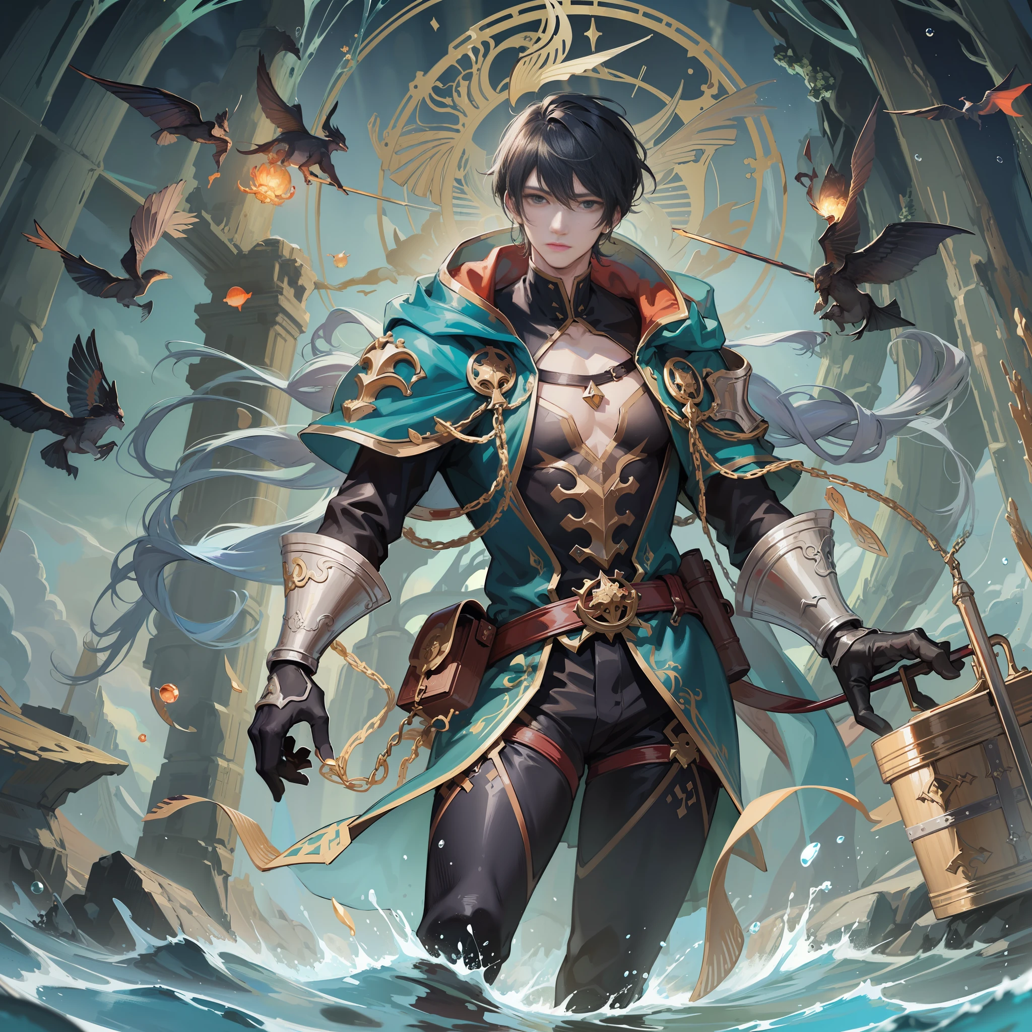 (Masterpiece, Top Quality, Best Quality, Anime Illustration, Official Art, Beautiful Aesthetic, Detailed Drawing, 1man: 1.5), (Very Beautiful and Strong Men: 1.5), (Adventurer, Swordsman, Wizard, Thief: 1.3), fractal pattern, (Dark Undersea, horror Taste: 1.2), Men exploring undersea caves, (Undersea cave exploration, Treasure Hunt), Aquatic Monster, Darkness, Undersea, Deep Sea Fish, Coral, Bubbles, Liquid, Light Pointing to the Seabed, Treasure Chest, Correct Human Body Structure