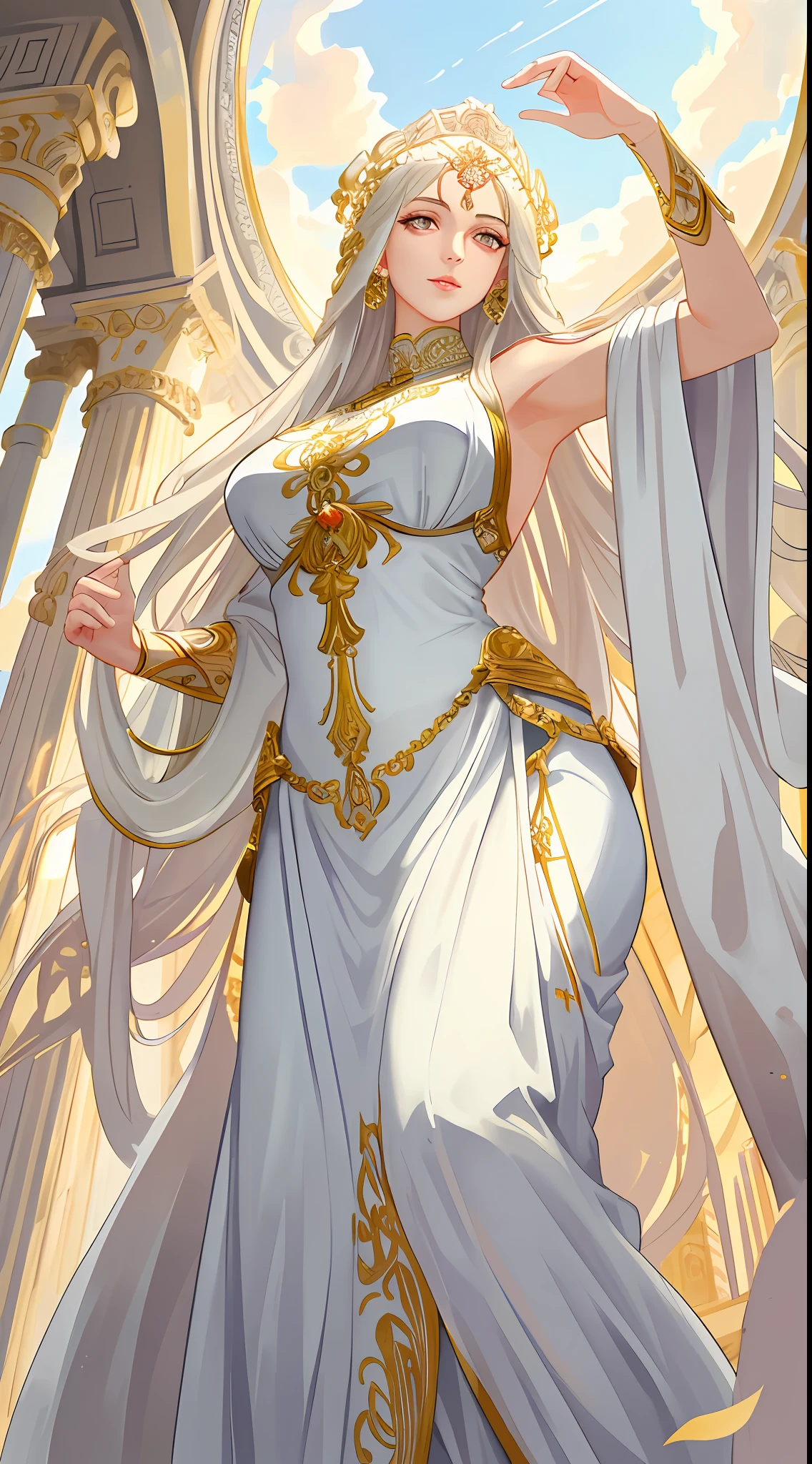 (masterpiece, best quality, 8k), (from below, low angle), 1girl, beautiful mature female, 6 Inches tall, lips, goddess, immortal, divine, godlike, white clothes, detailed clothing, ancient greek clothes, golden eyes, long white hair, light smile, arms up, armpits, detailed buildings, outdoor, god rays, sunbeams