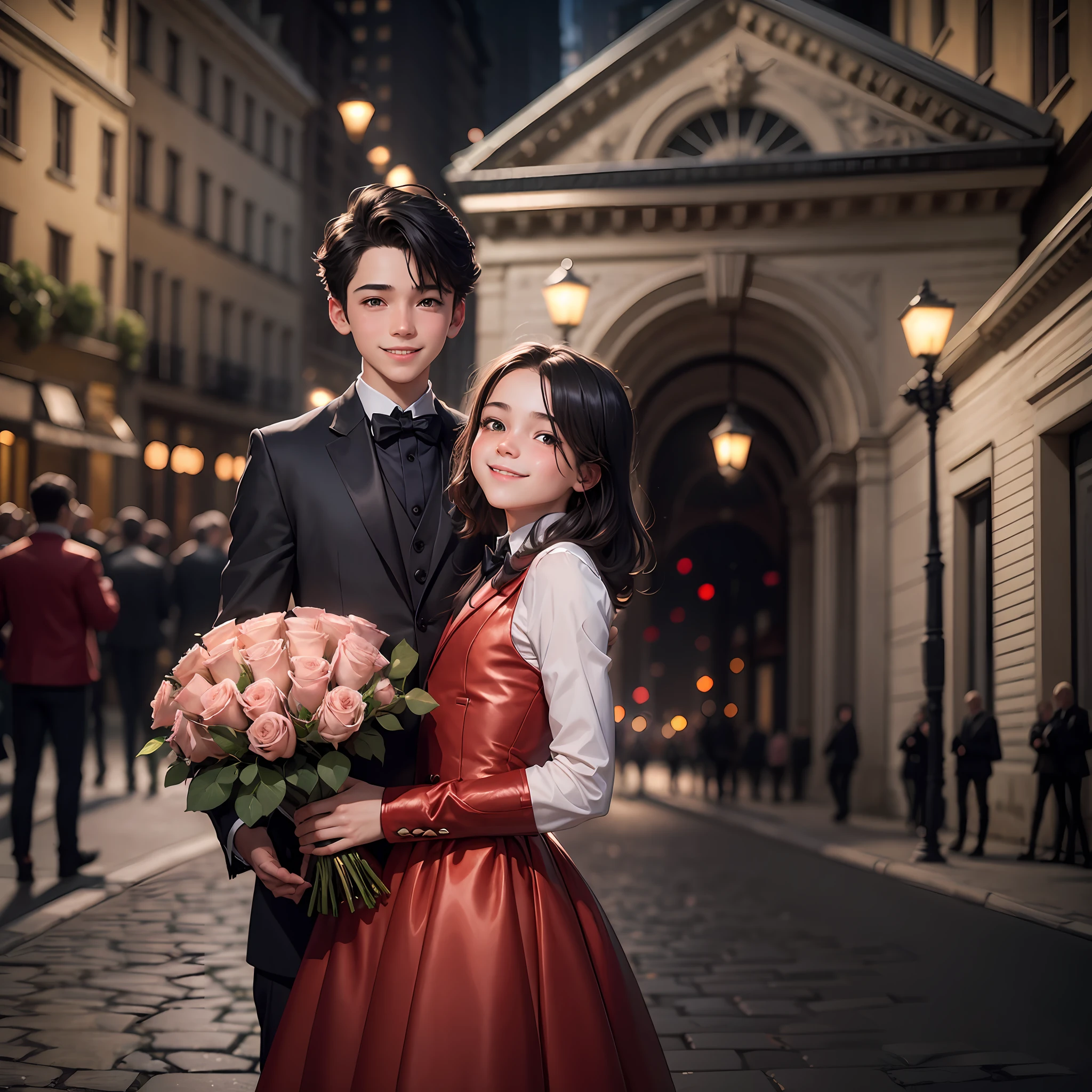 A boy, ray tracing, (bright lights), detailed (a boy holding a bouquet of roses proposing), smiling in front of a European-style building --auto --s2