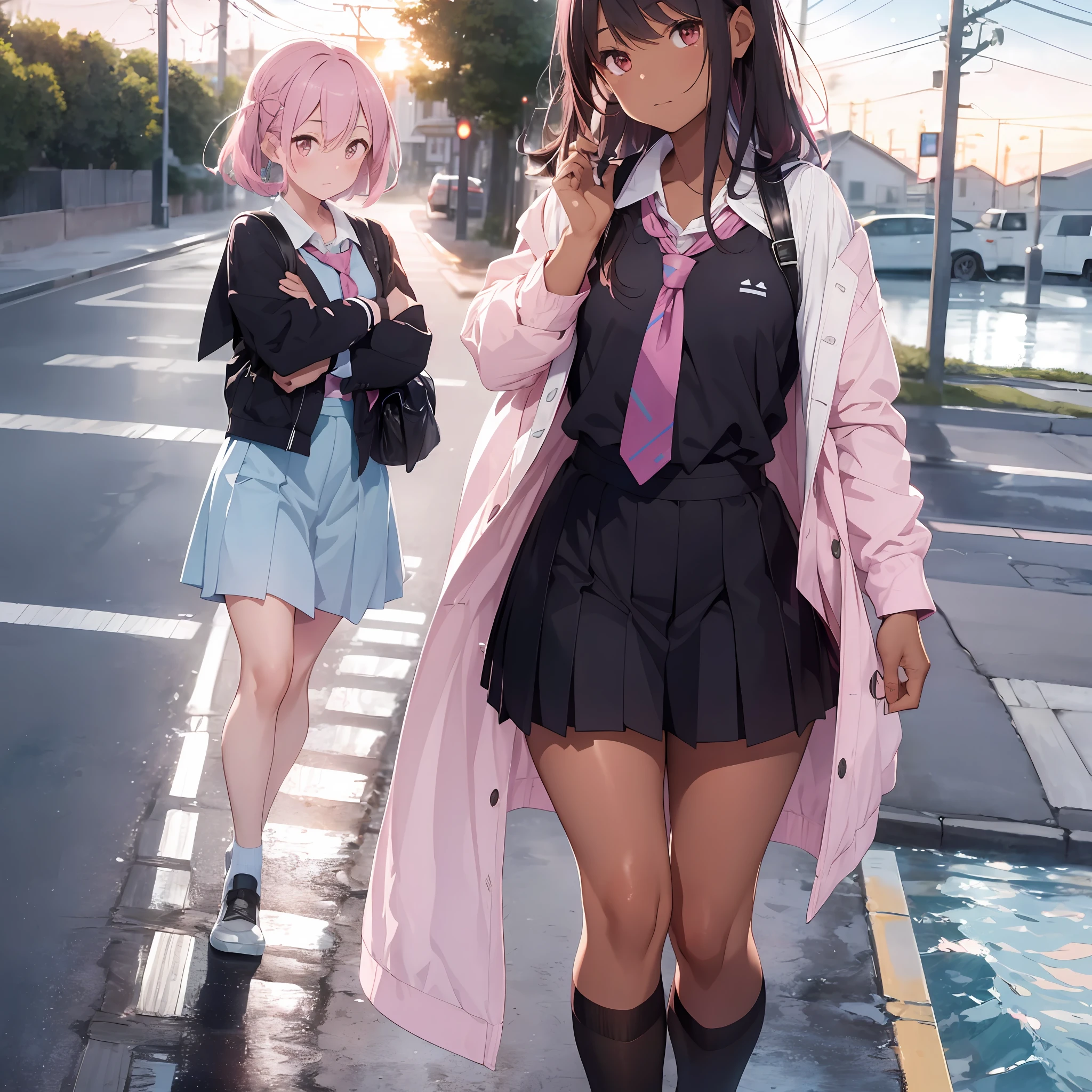 rails at sea, sea, school uniform, back, pink tie, light blue short-sleeved shirt, black skirt with pink lines printed on top, thick eyebrows, headwind, sunset, leather backpack, (dark skin: 1.3), brown skin, movie lights, small, beautiful light pink hair, (masterpiece), ((highest quality)), (super detailed), shiny skin, ,perfect body structure, perfect anatomy,