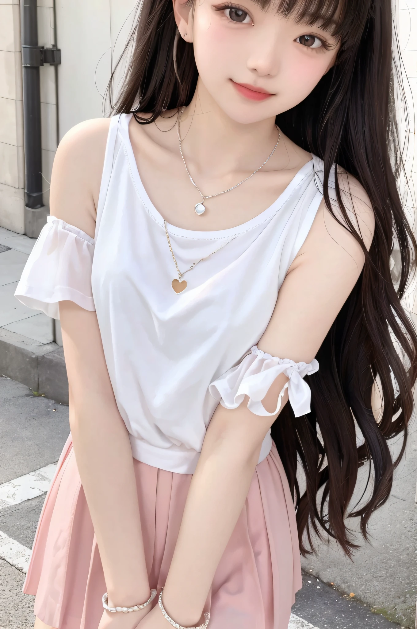 RAW, analog style, delicate, best quality, hyper detail, fine detailed, locate details, colorful, (perfect figure, perfect face), (beautiful 18 years old cute korean girl: 1.3), soft lips, (light eyebrows: 1.4), 1 female, 18 years old, solo focus, skinny, pale skin, soft lips, ( Light eyebrows: 1.4), shiny brown eyes, long black hair, hairpins, medium chest, beautiful and delicate sky, flowing hair, (nose blush), beautiful and delicate eyes, white T-shirt, blue girl dress, smile, best quality, super high resolution, (realism: 1.4), hyperrealism, 1 girl, looking at the audience, smiling, cute, full body, street, outdoors, upper body white transparent T-shirt, pink low chicken heart C cup, lower body beige hip wrapped short skirt, supple skin, cute charming round face, very detailed, Delicate collarbone, sapphire necklace, glamorous figure