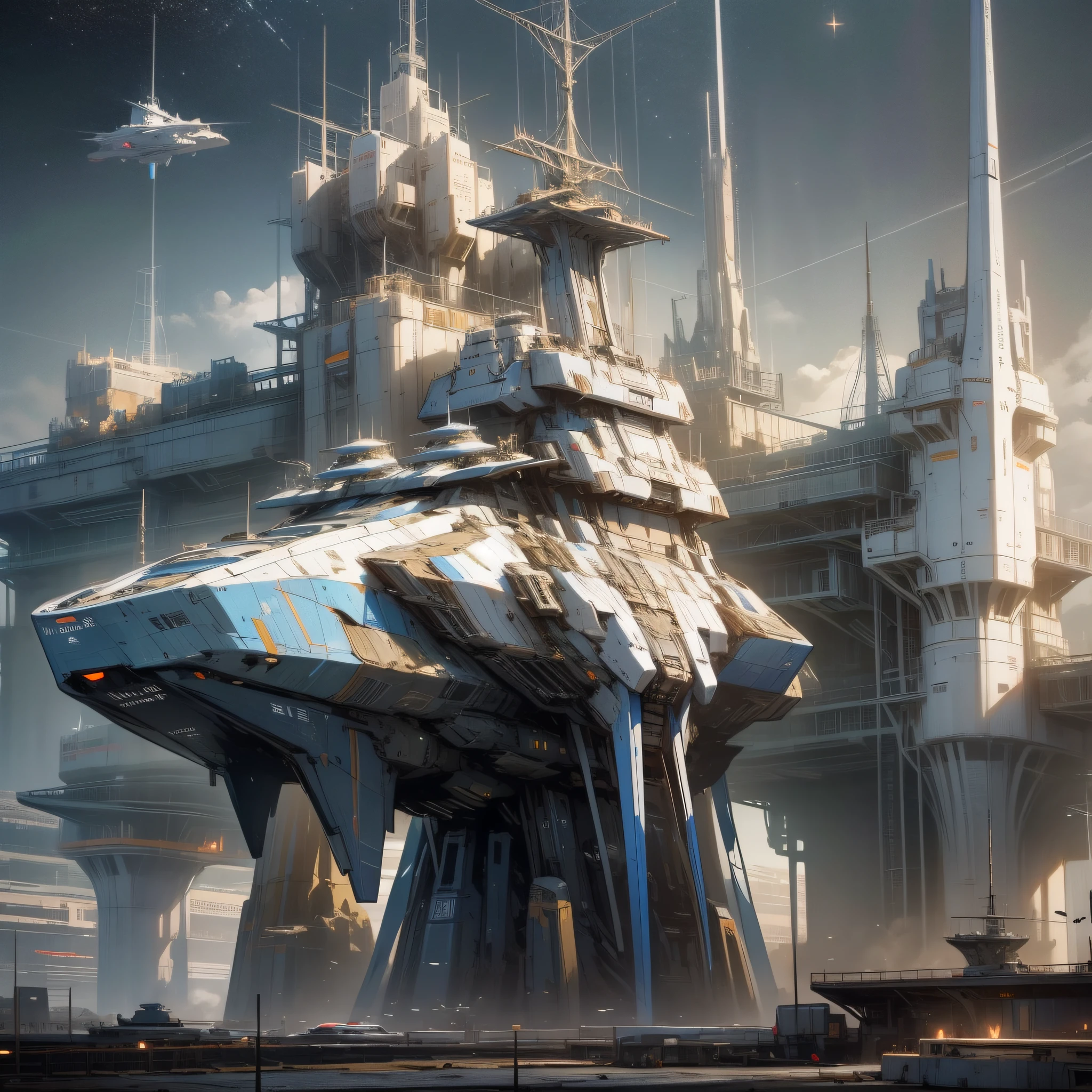 Castle Optimus in "Stars", spaceship in a sci-fi environment, stars in the background, stunning sci-fi concept art, sci-fi concept art, spaceship hangar, interstellar citizen concept art, sci-fi concept art, sci-fi epic digital art, sci-fi concept art, beautiful sci-fi art, in a sci-fi shipping port, a large number of metallic warships stop --auto --s2